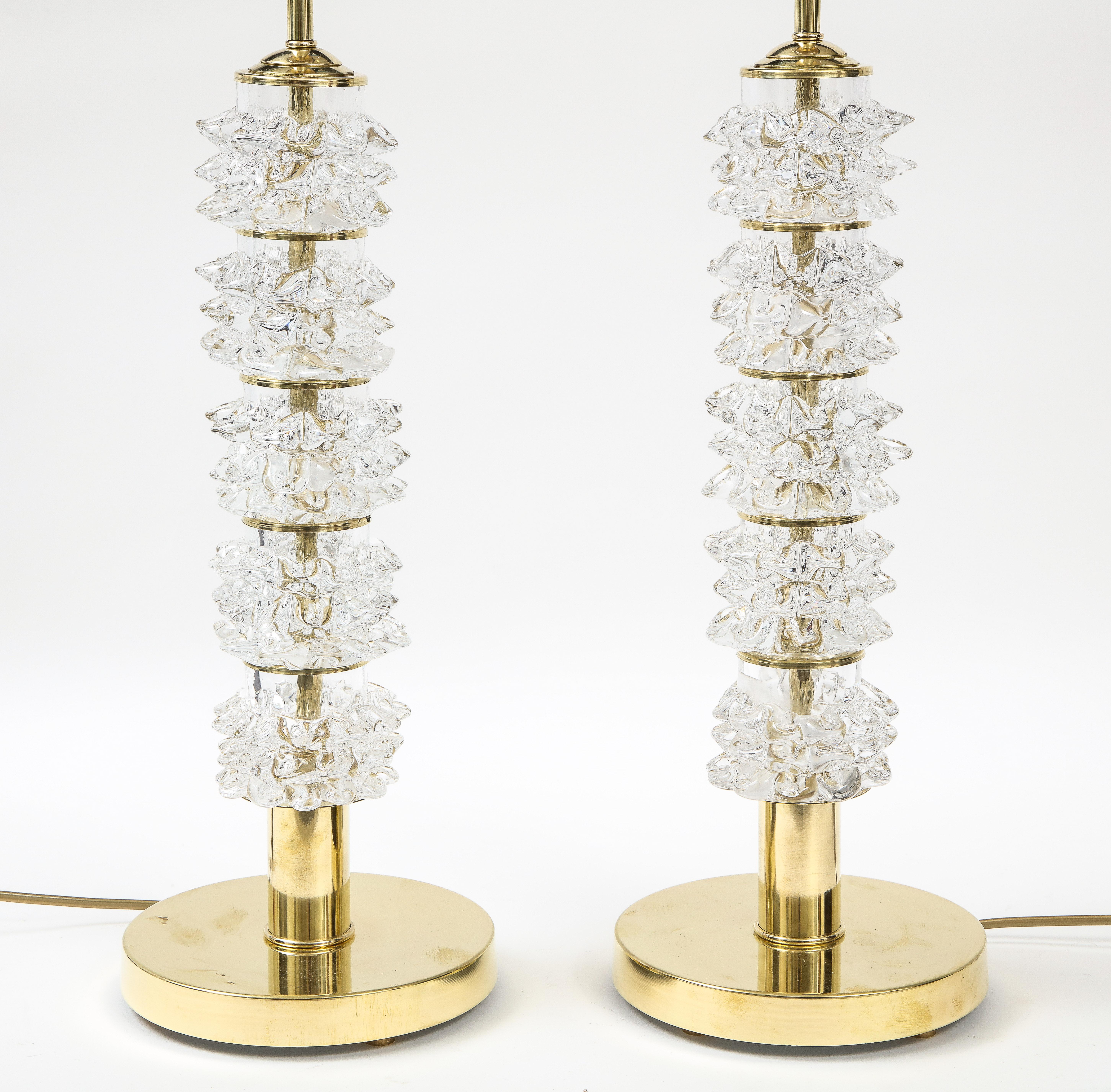 Italian Pair of Clear Rostrato Murano Glass and Brass Lamps, Italy, 2022