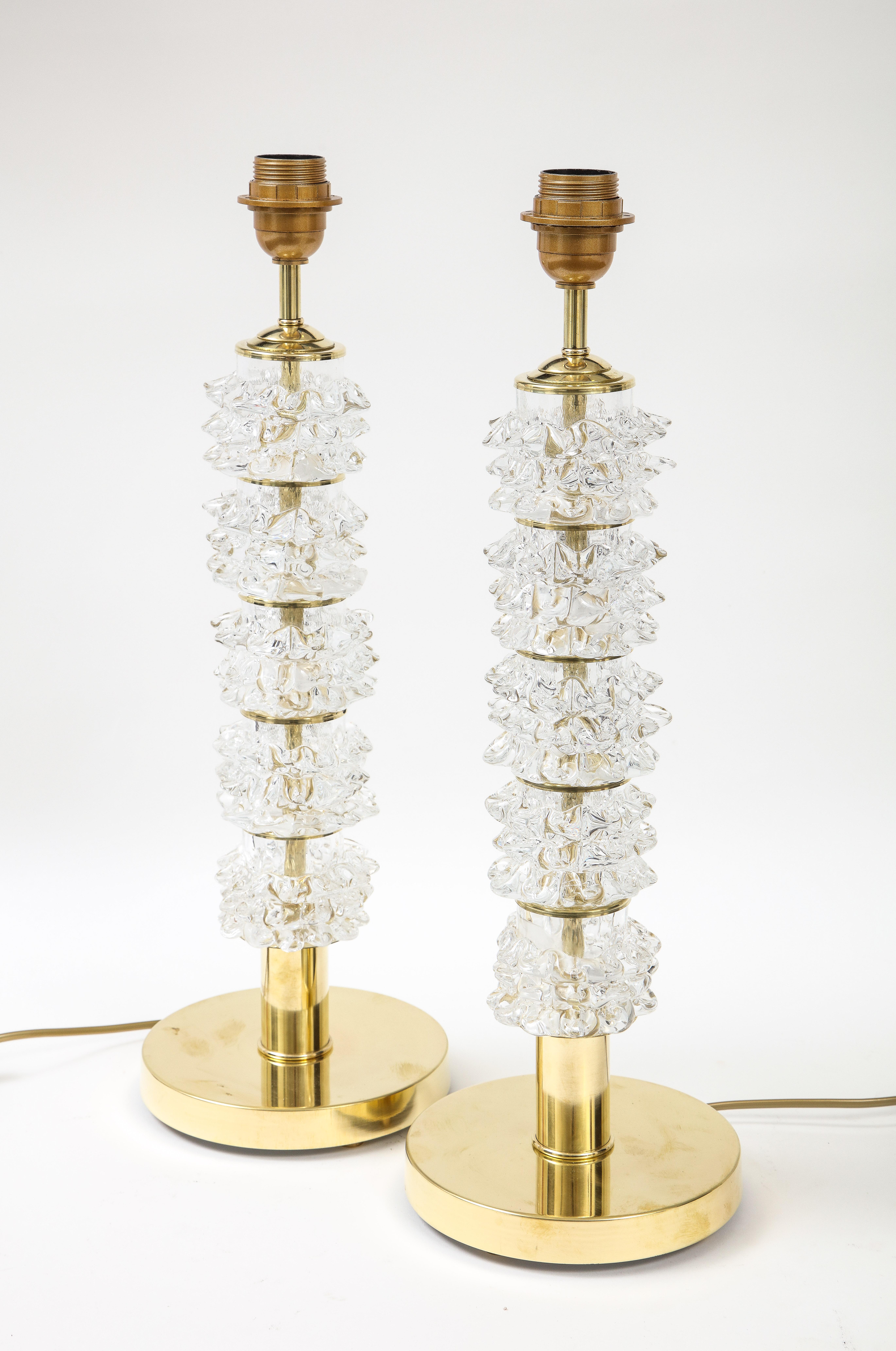 Contemporary Pair of Clear Rostrato Murano Glass and Brass Lamps, Italy, 2022