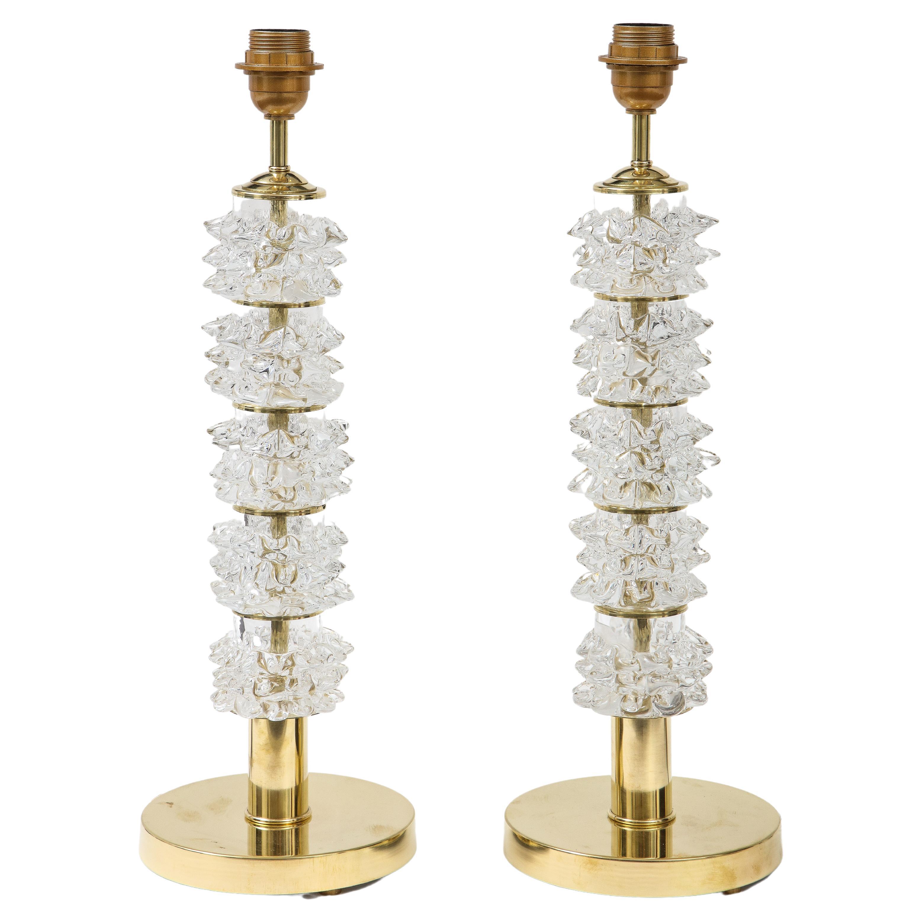 Pair of Clear Rostrato Murano Glass and Brass Lamps, Italy, 2022