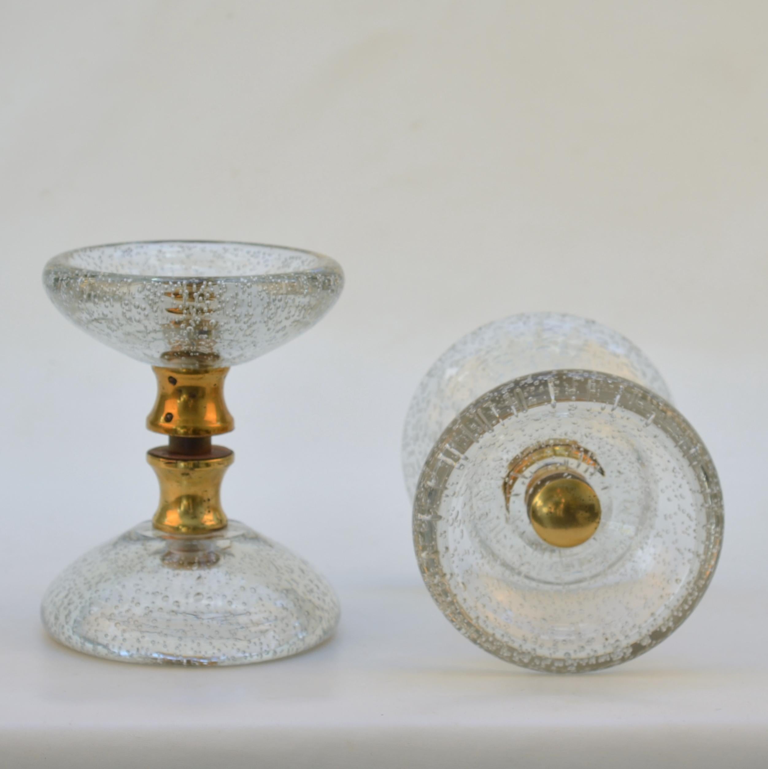 Mid-Century Modern Pair of Clear Round Murano Glass Double Door Handles with Brass Fixtures