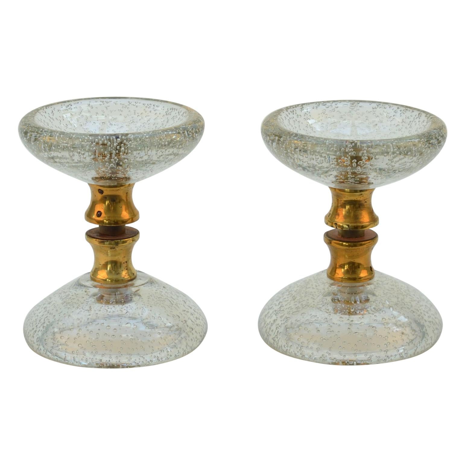 Pair of Clear Round Murano Glass Double Door Handles with Brass Fixtures