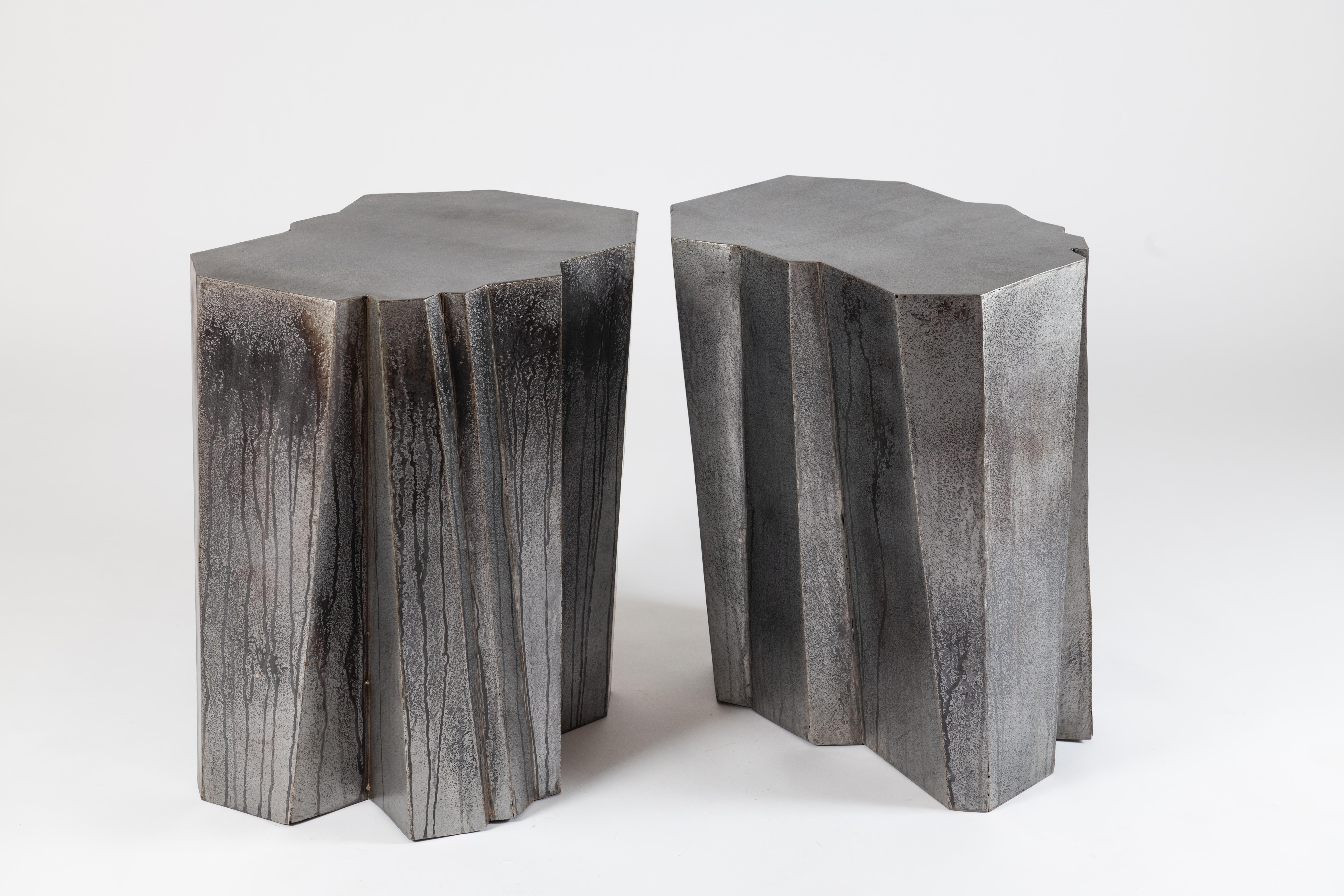 Gregory Nangle
Pair of cleaving side tables / stools, 2021
Stainless steel with gunmetal patina
Measures: 15 x 22 x 24 in.