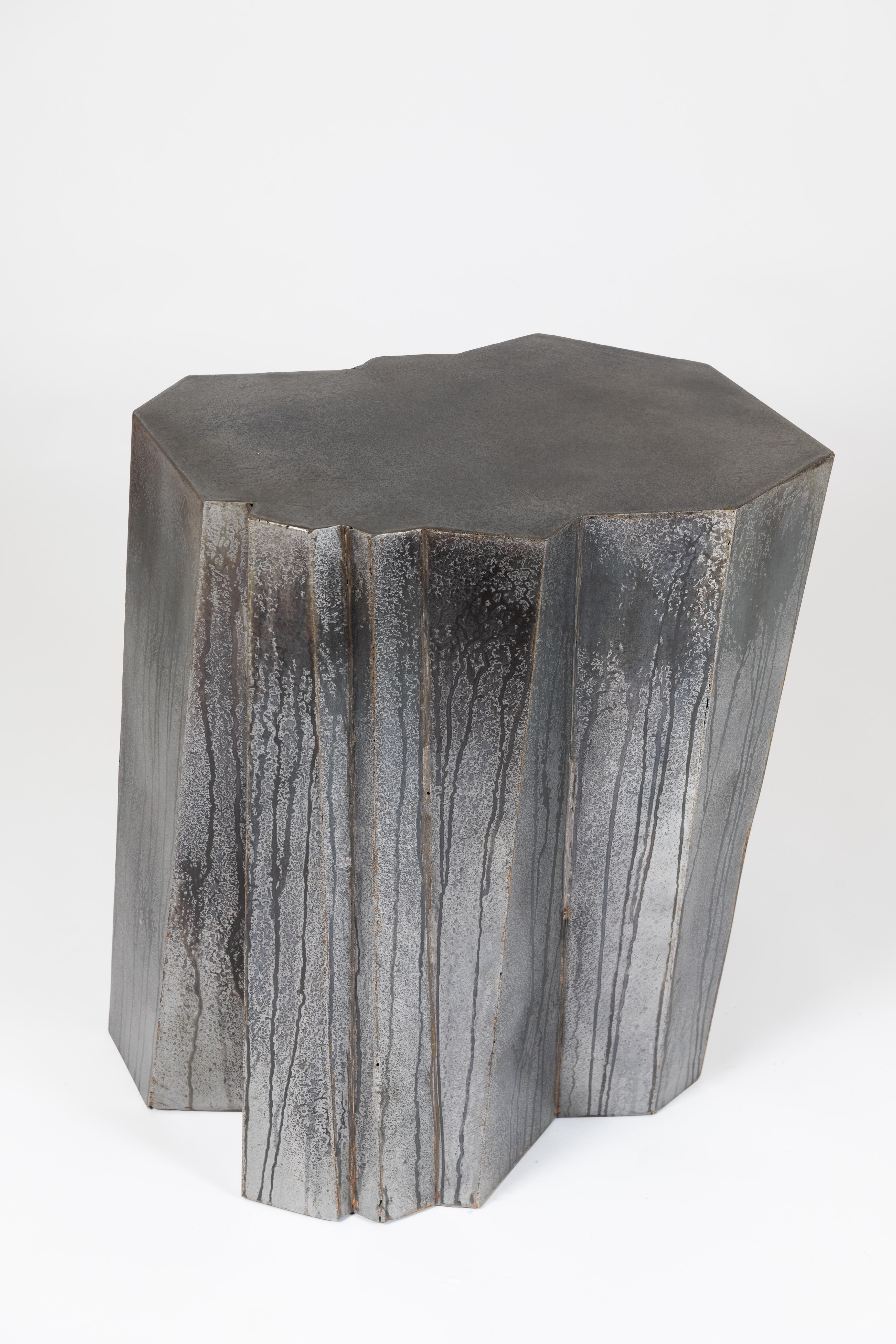 Patinated Pair of Cleaving Side Tables in Stainless Steal by Gregory Nangle For Sale