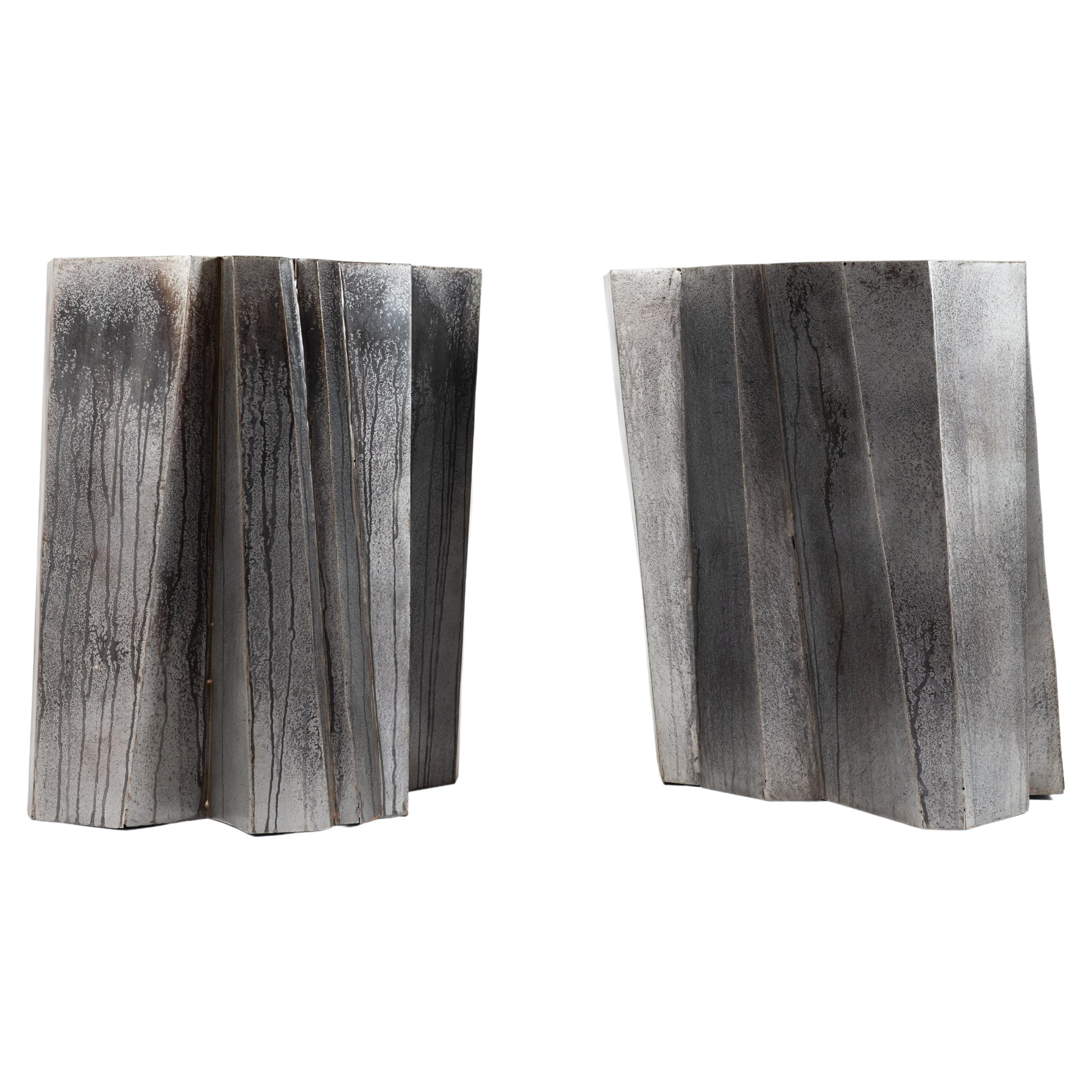 Pair of Cleaving Side Tables in Stainless Steal by Gregory Nangle For Sale