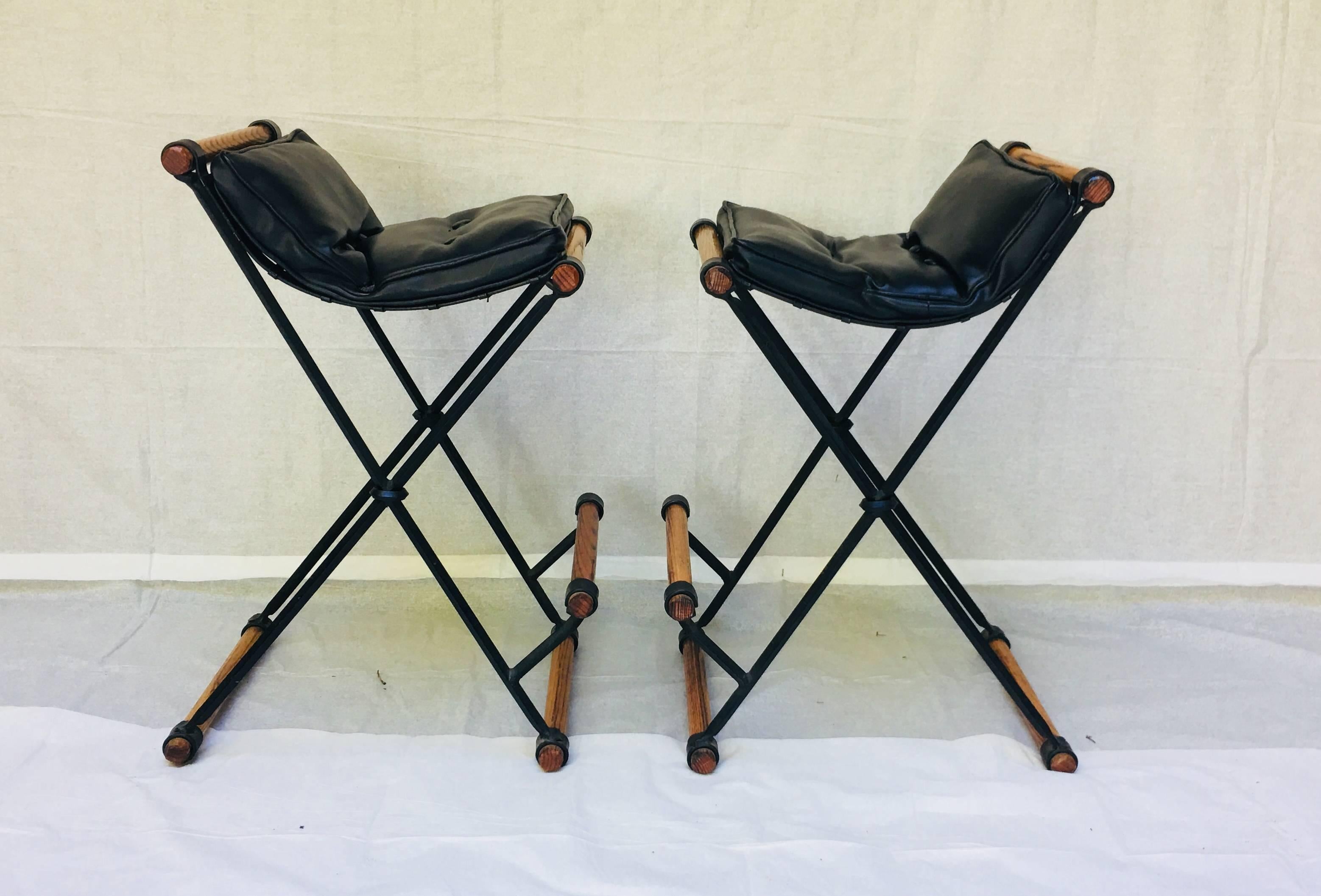 Mid-Century Modern Pair of Cleo Baldon Bar Stools in Wrought Iron and Oak for Terra 1960s