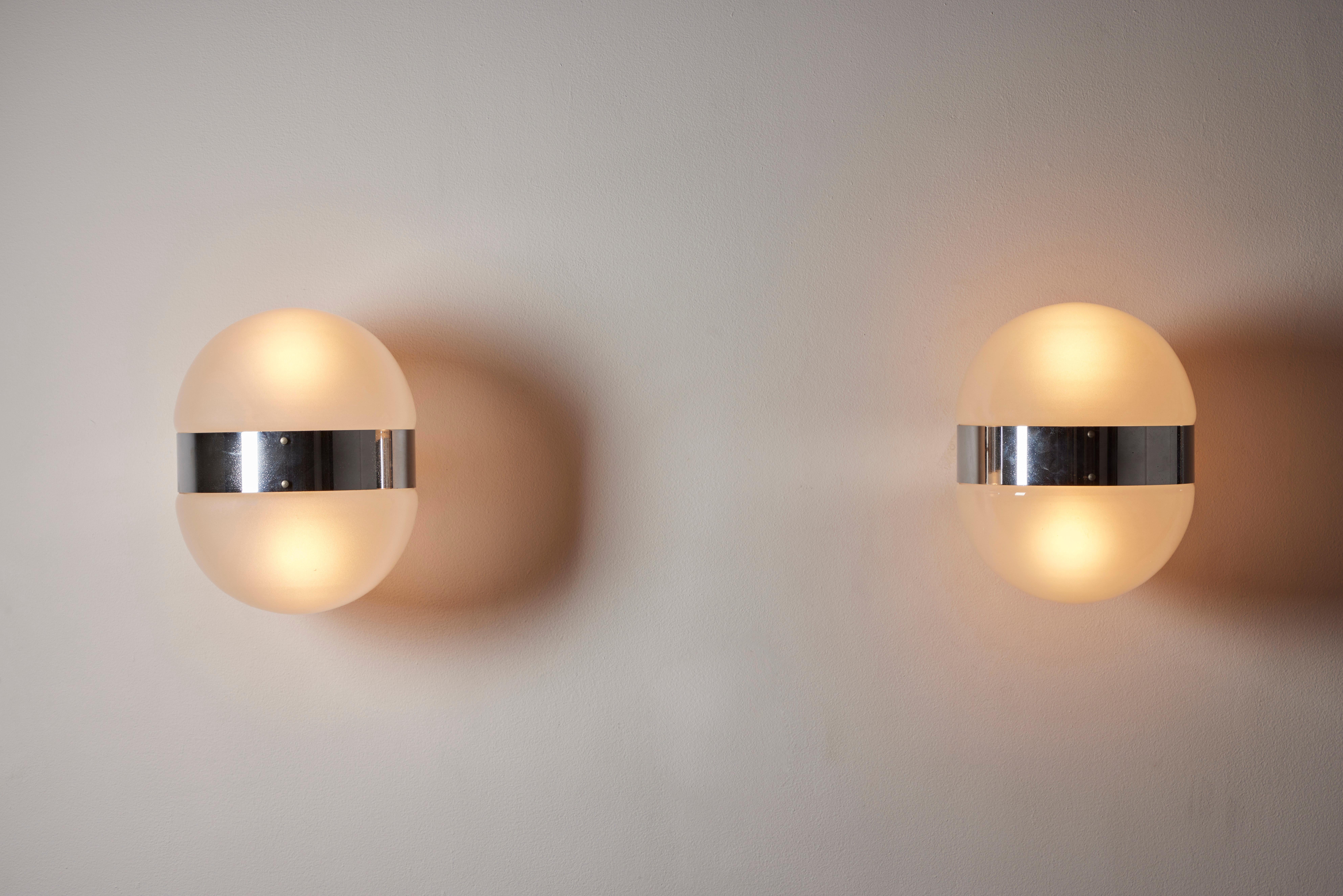 Pair of clio wall or ceiling lights by Sergio Mazza. Designed and manufactured in Italy, circa 1960's. Brushed nickel, opalescent glass. Rewired for U.S. standards. We recommend two E27 25W maximum bulbs per fixture. Bulbs not included.