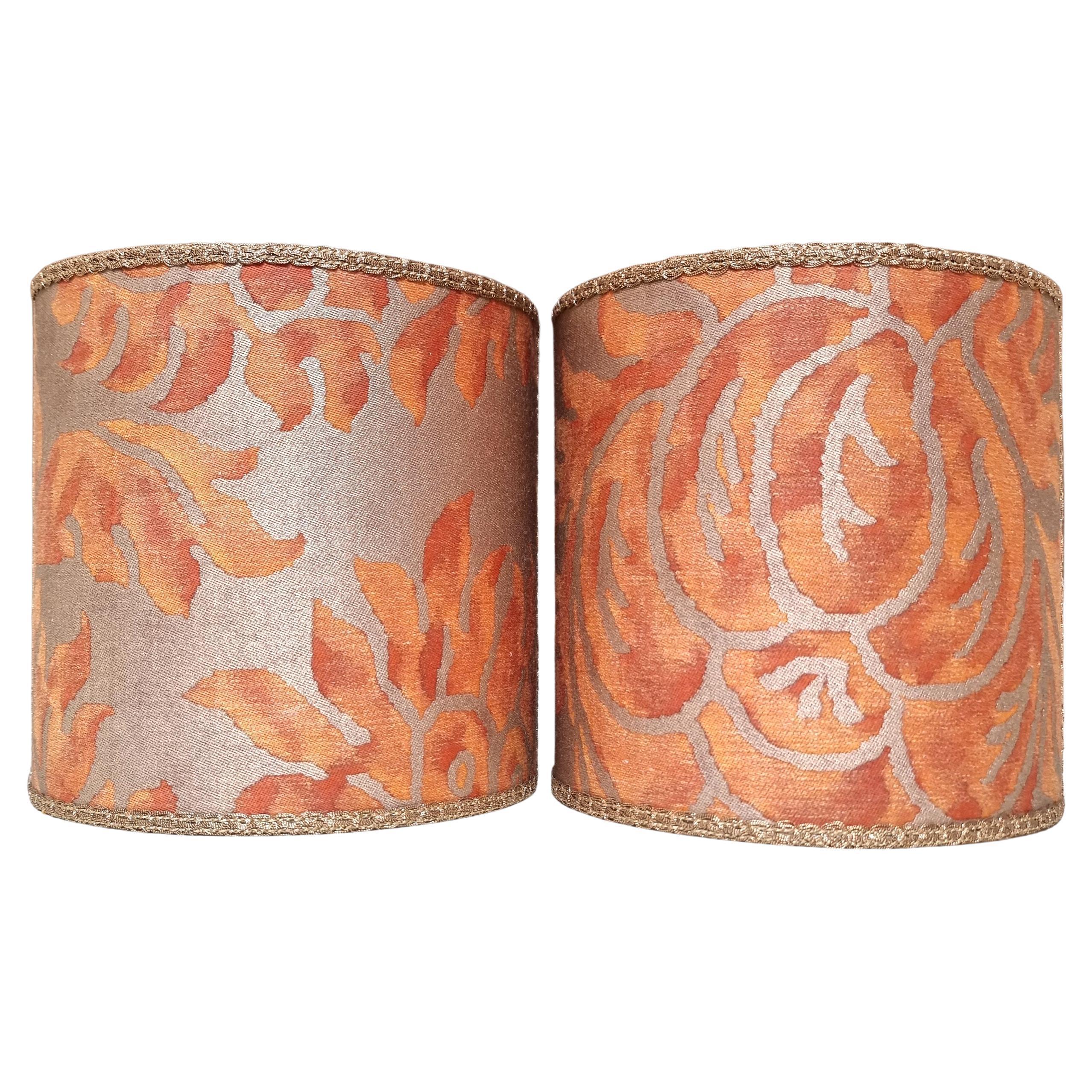 Pair of Clip-on Lampshades Fortuny Fabric Burnt Apricot & Silvery Gold Barberini For Sale 2