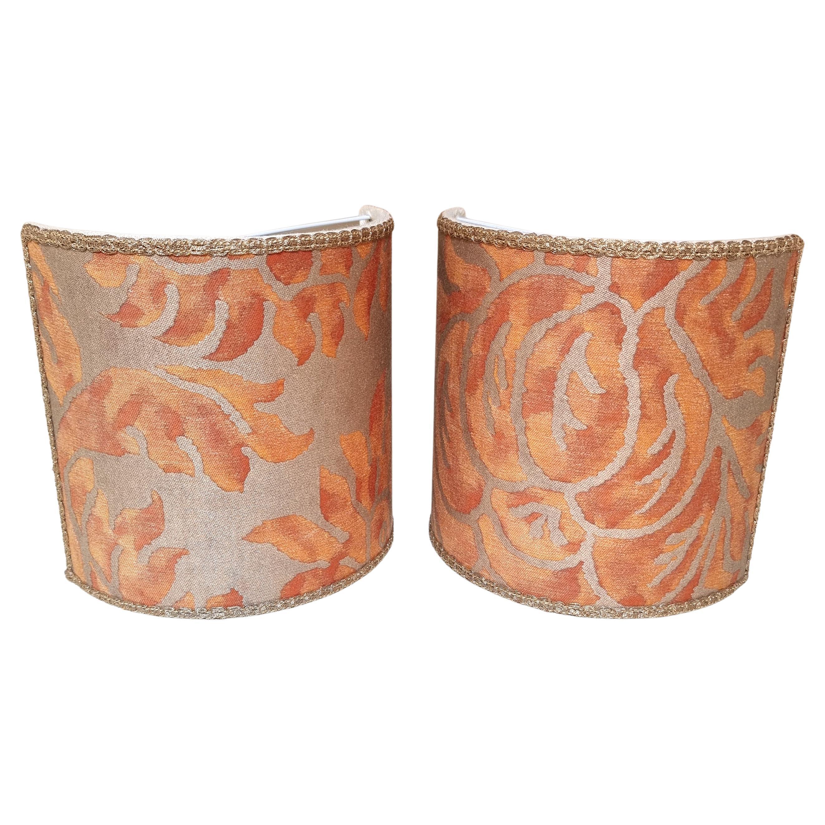 Pair of Clip-on Lampshades Fortuny Fabric Burnt Apricot & Silvery Gold Barberini For Sale 4