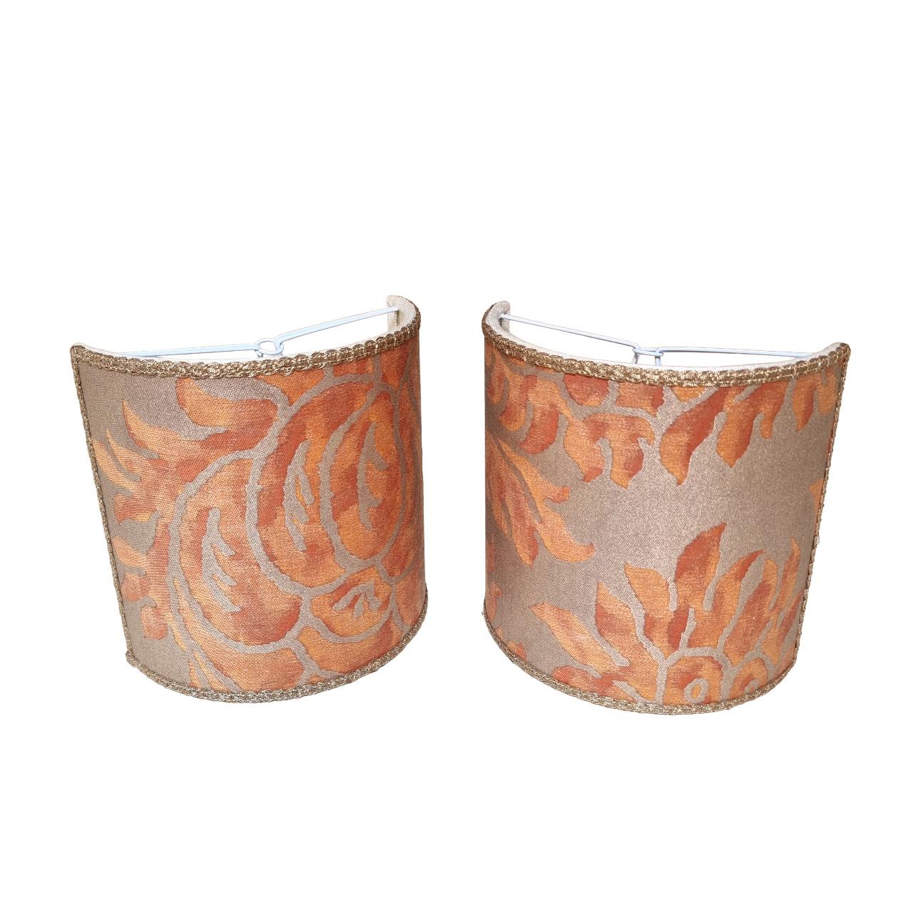 Italian Pair of Clip-on Lampshades Fortuny Fabric Burnt Apricot & Silvery Gold Barberini For Sale