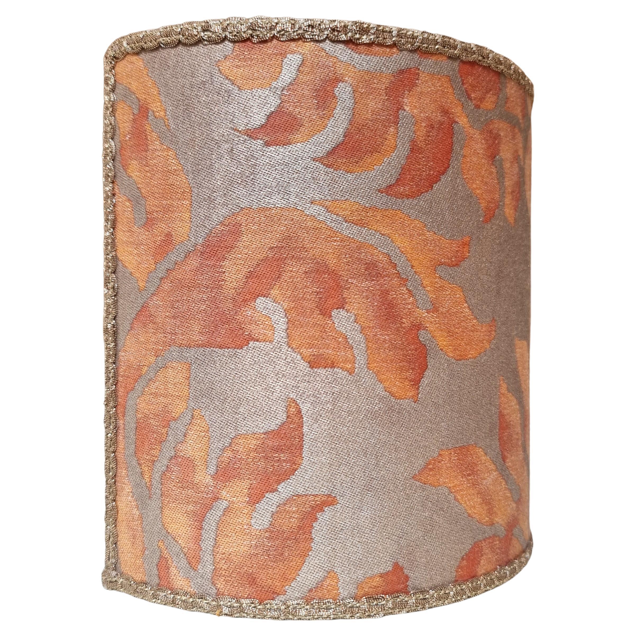 Hand-Crafted Pair of Clip-on Lampshades Fortuny Fabric Burnt Apricot & Silvery Gold Barberini For Sale