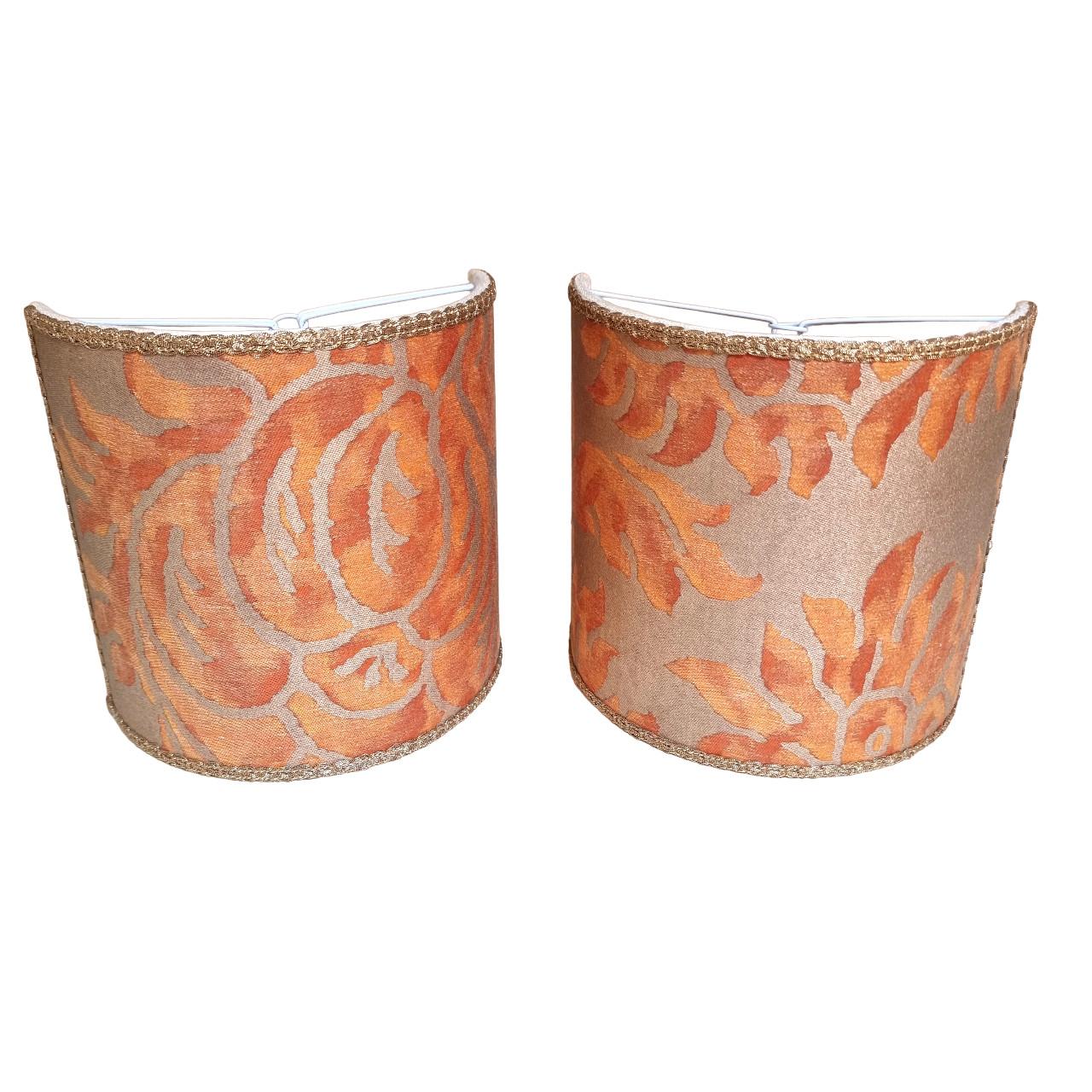 Pair of Clip-on Lampshades Fortuny Fabric Burnt Apricot & Silvery Gold Barberini For Sale 1
