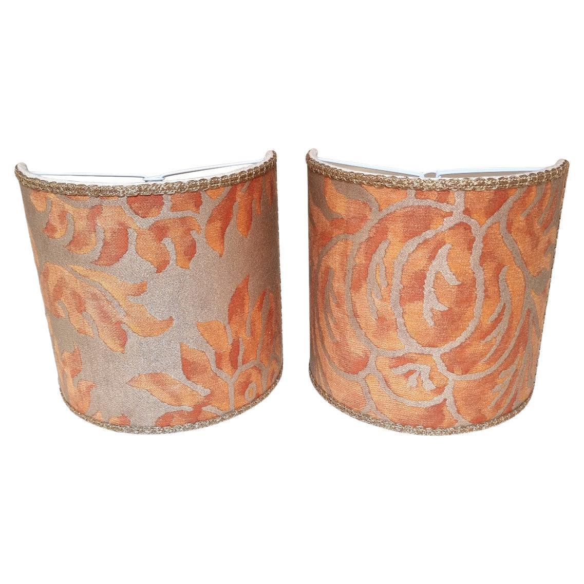 Pair of Clip-on Lampshades Fortuny Fabric Burnt Apricot & Silvery Gold Barberini For Sale