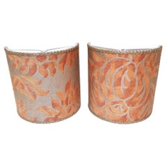 Pair of Clip-on Lampshades Fortuny Fabric Burnt Apricot & Silvery Gold Barberini