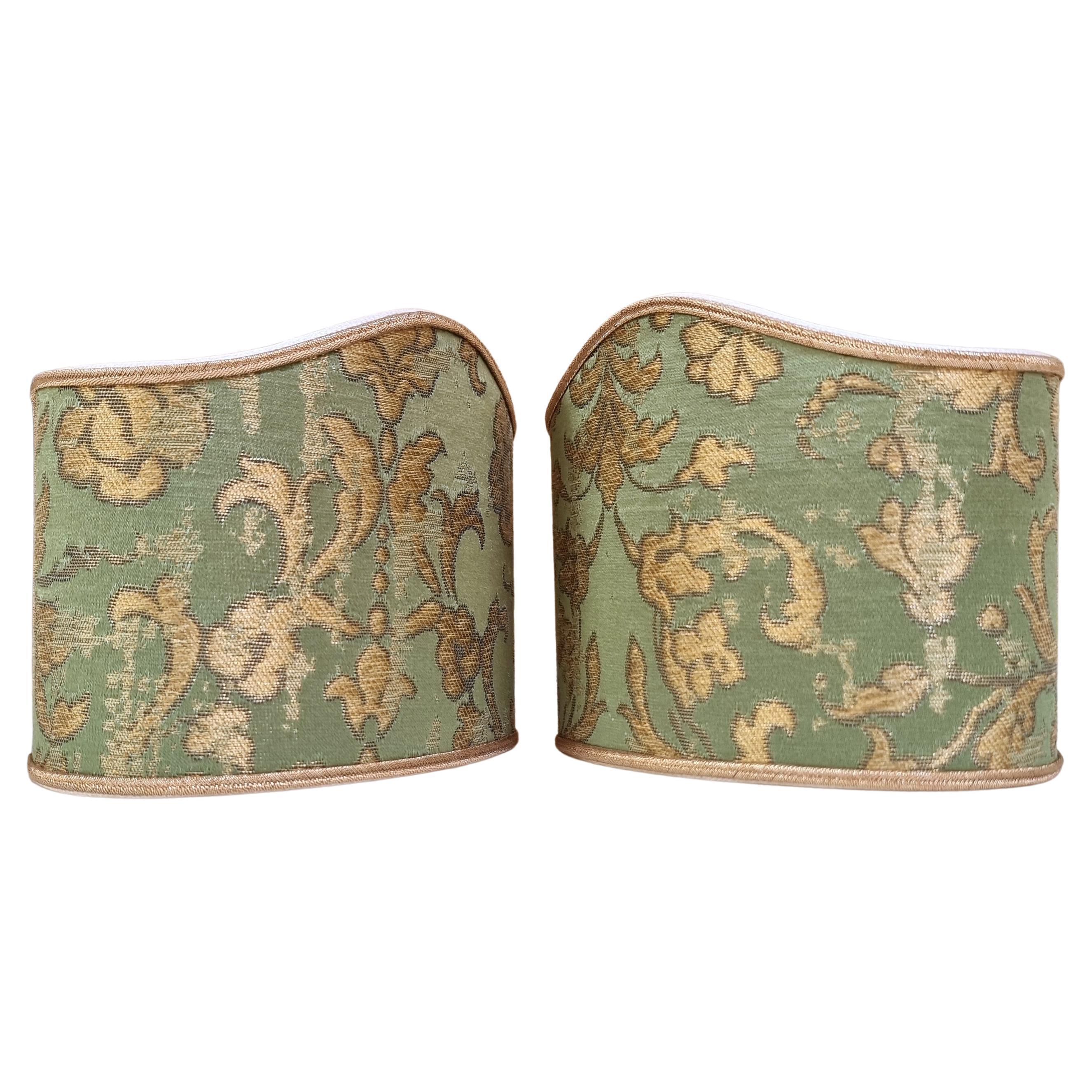 Italian Pair of Clip-on Lampshades Rubelli Fabric Jade Green Les Indes Galantes Pattern For Sale