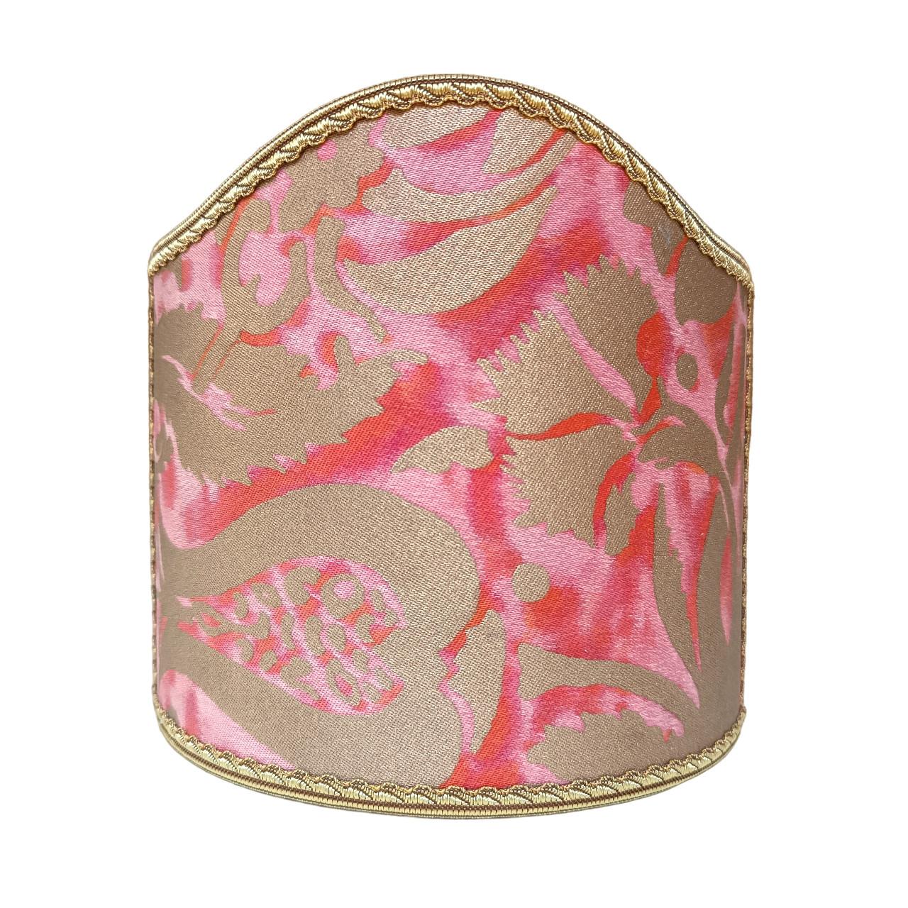 Italian Pair of Clip on Sconce Shades Fortuny Fabric Coral Haze & Silvery Gold Pomegranate For Sale