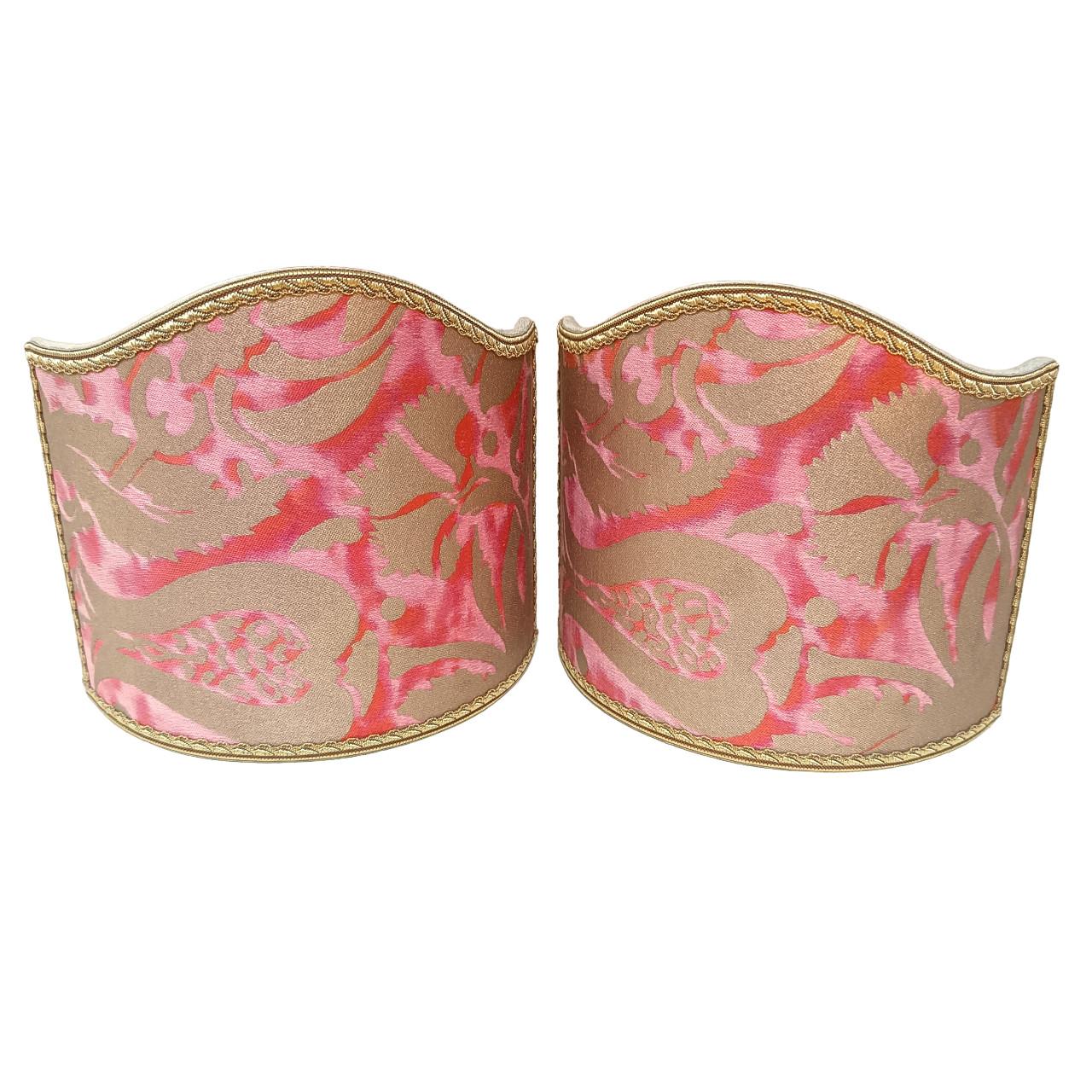 Contemporary Pair of Clip on Sconce Shades Fortuny Fabric Coral Haze & Silvery Gold Pomegranate For Sale