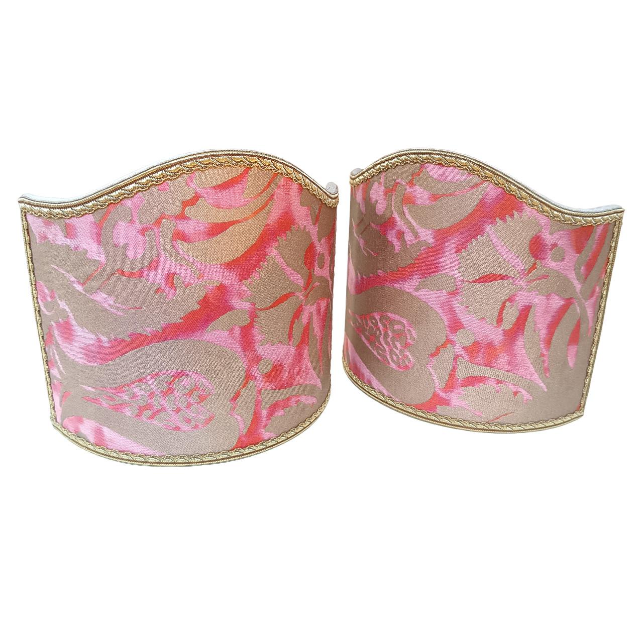 Cotton Pair of Clip on Sconce Shades Fortuny Fabric Coral Haze & Silvery Gold Pomegranate For Sale