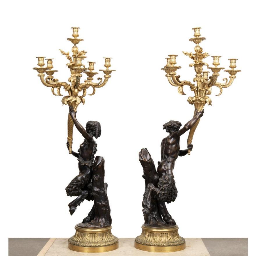 Late 19th Century Pair of Clodion Figural Patinated Candelabra For Sale