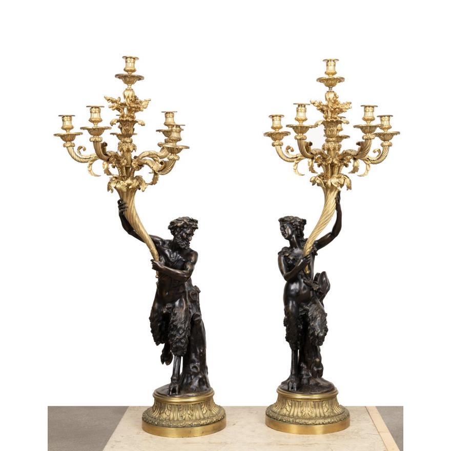 Bronze Pair of Clodion Figural Patinated Candelabra For Sale