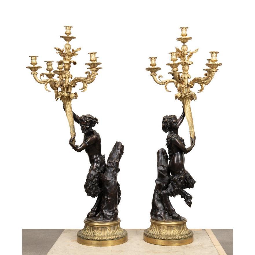 Pair of Clodion Figural Patinated Candelabra For Sale 1