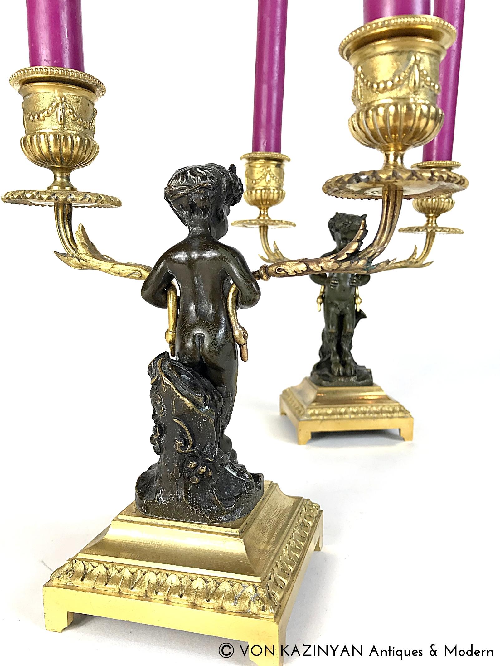 French Pair of Clodion Gilt & Patinated Bronze Satyr Candelabras, 19th Century, France For Sale