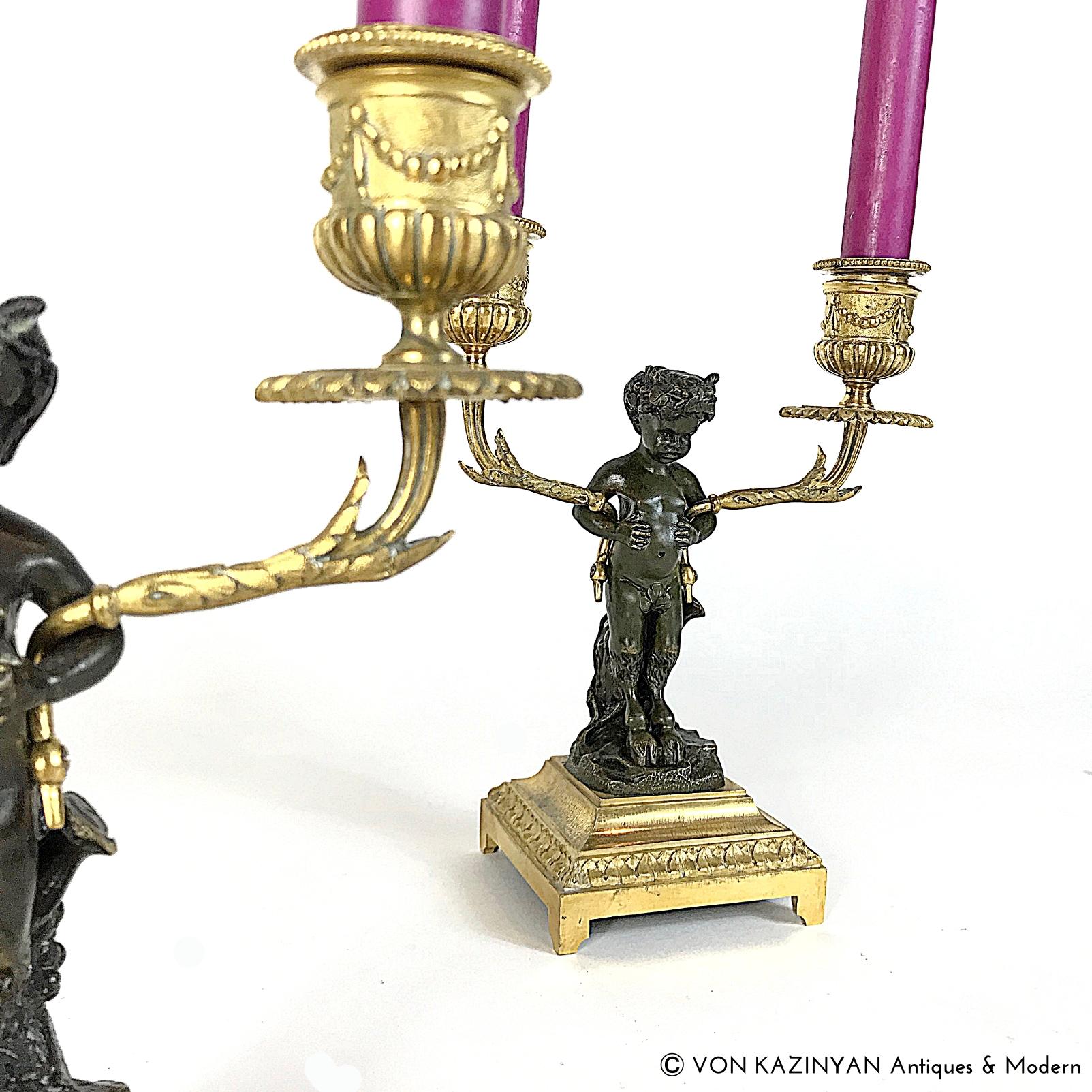 Pair of Clodion Gilt & Patinated Bronze Satyr Candelabras, 19th Century, France For Sale 3