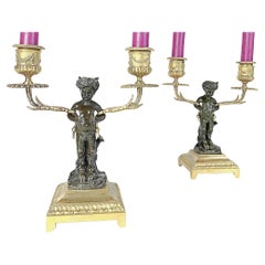 Pair of Clodion Gilt & Patinated Bronze Satyr Candelabras, 19th Century, France