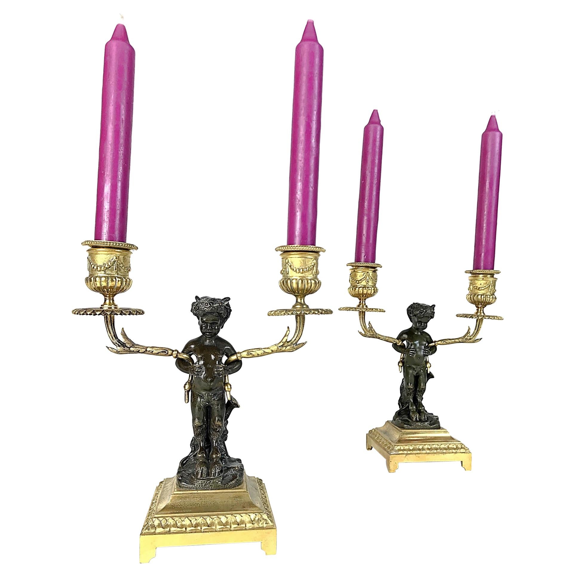 Pair of Clodion Gilt & Patinated Bronze Satyr Candelabras, 19th Century, France For Sale