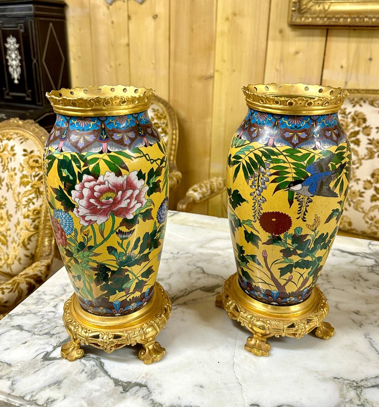 Pair of Cloisonne and Gilt Bronze Vases, Napoleon III For Sale at 1stDibs