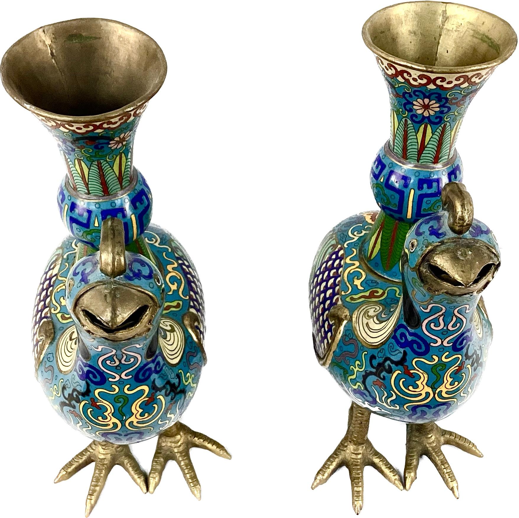 Archaistic Pair of Cloisonne Archaic Style Birds With Vases For Sale