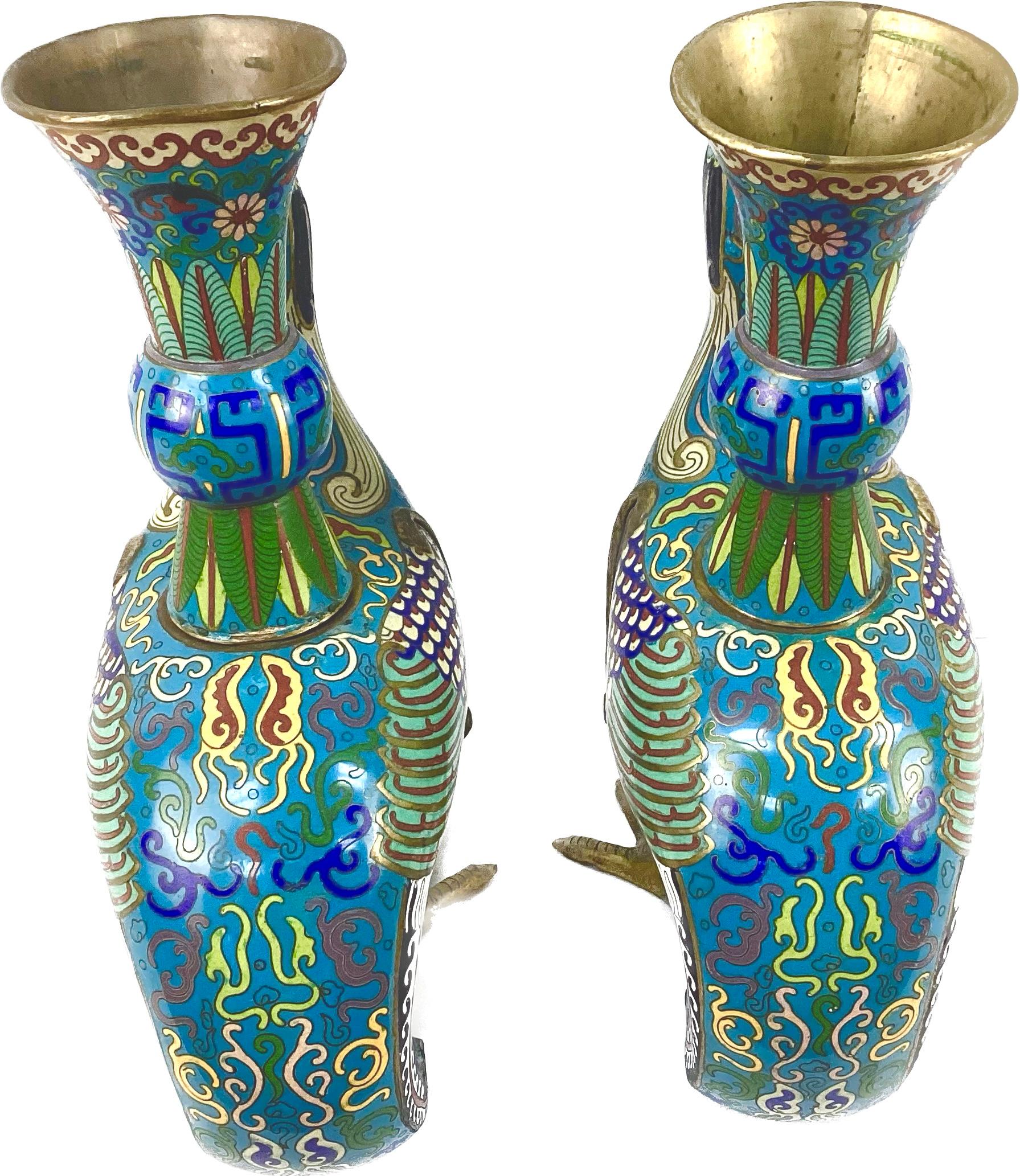 Chinese Pair of Cloisonne Archaic Style Birds With Vases For Sale