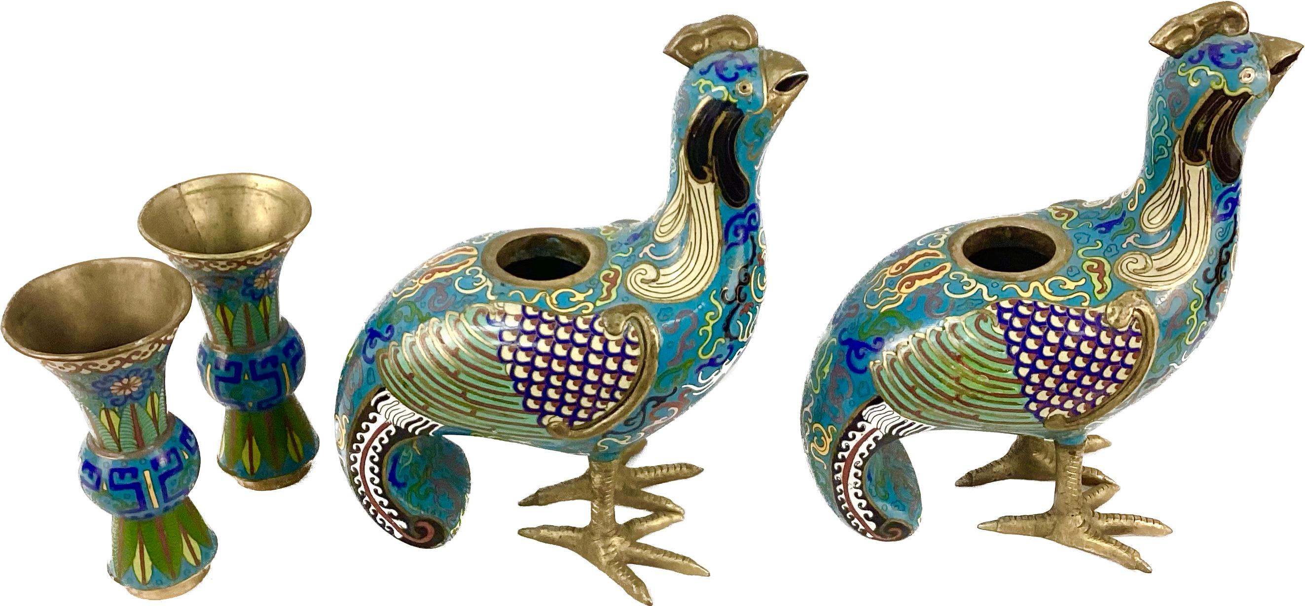 Cloissoné Pair of Cloisonne Archaic Style Birds With Vases For Sale