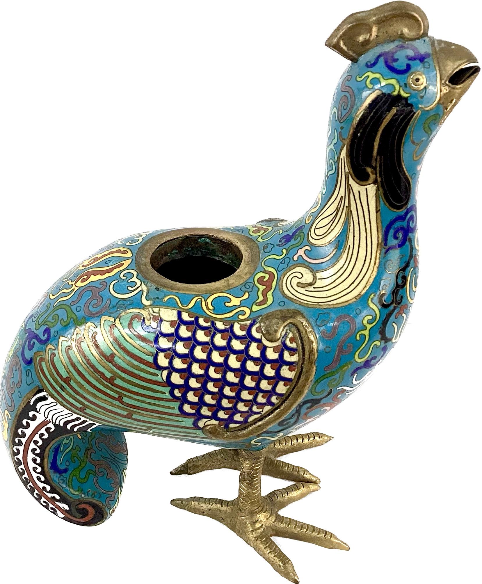 20th Century Pair of Cloisonne Archaic Style Birds With Vases For Sale