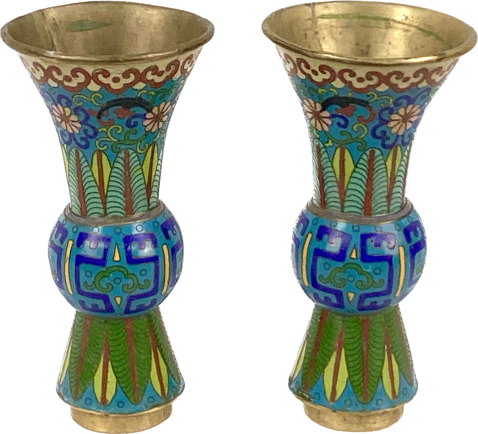 Enamel Pair of Cloisonne Archaic Style Birds With Vases For Sale