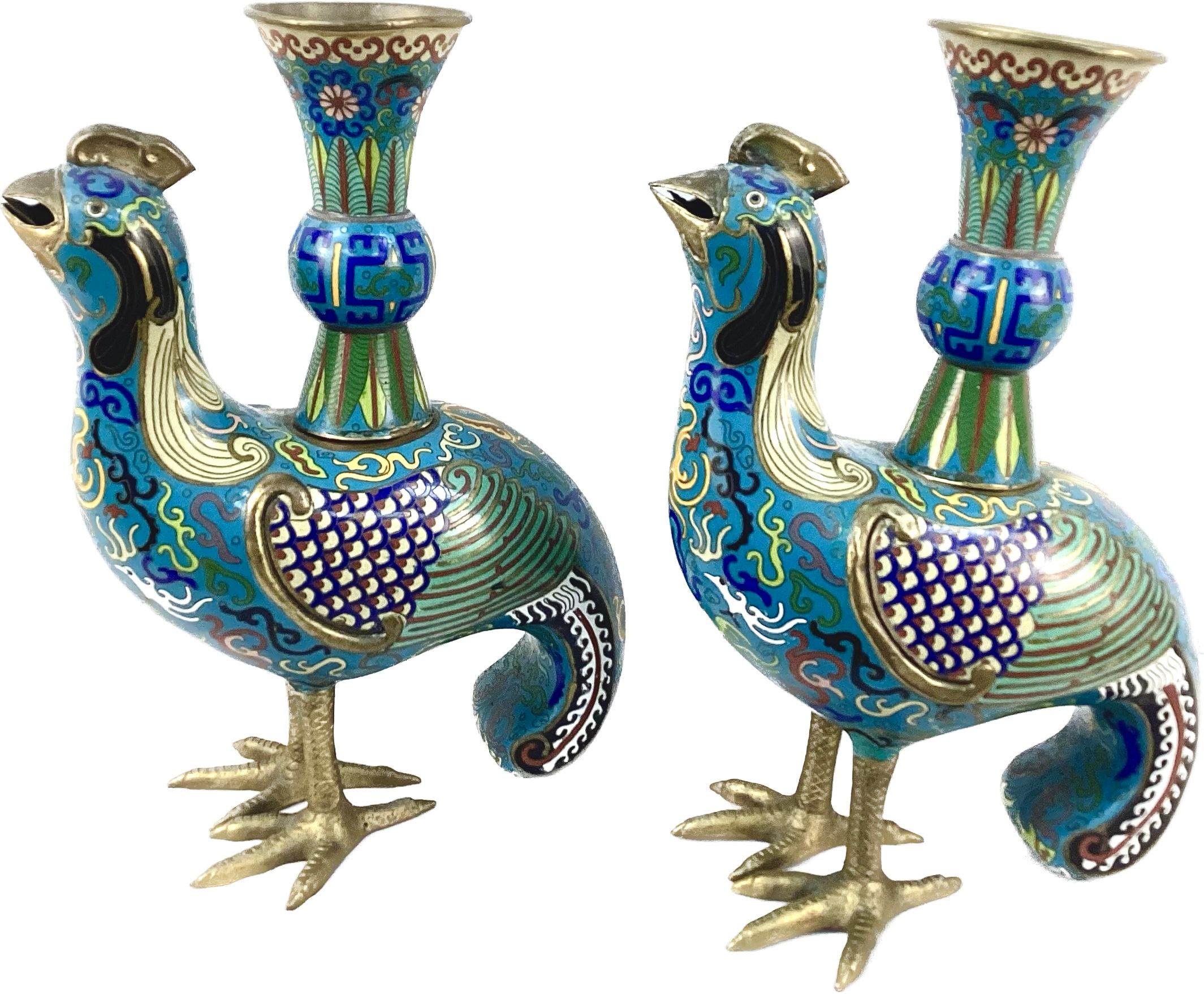 Pair of Cloisonne Archaic Style Birds With Vases For Sale 1