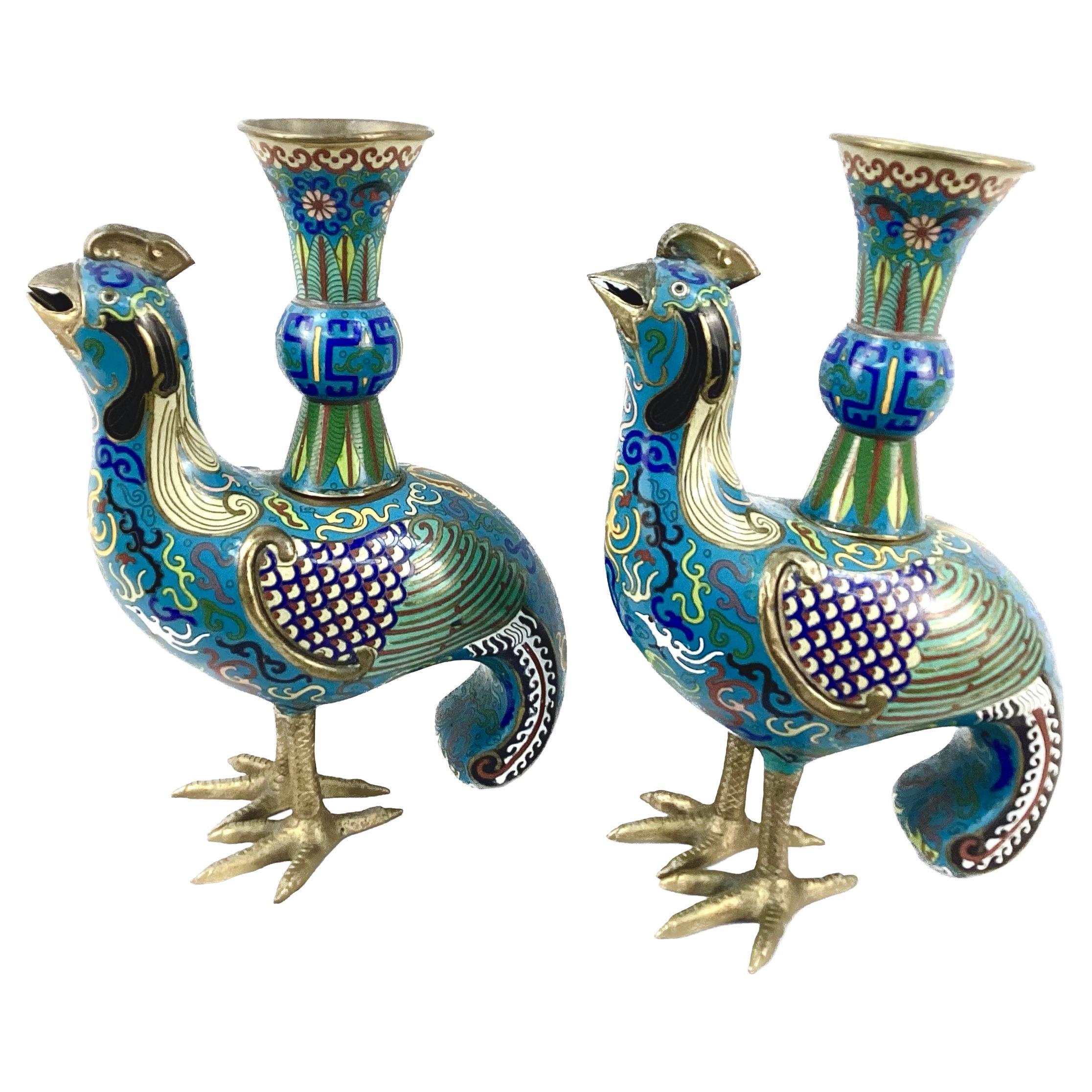 Pair of Cloisonne Archaic Style Birds With Vases For Sale