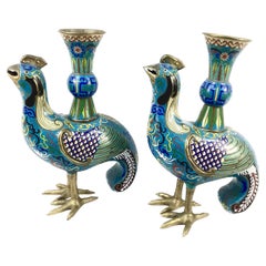 Pair of Cloisonne Archaic Style Birds With Vases