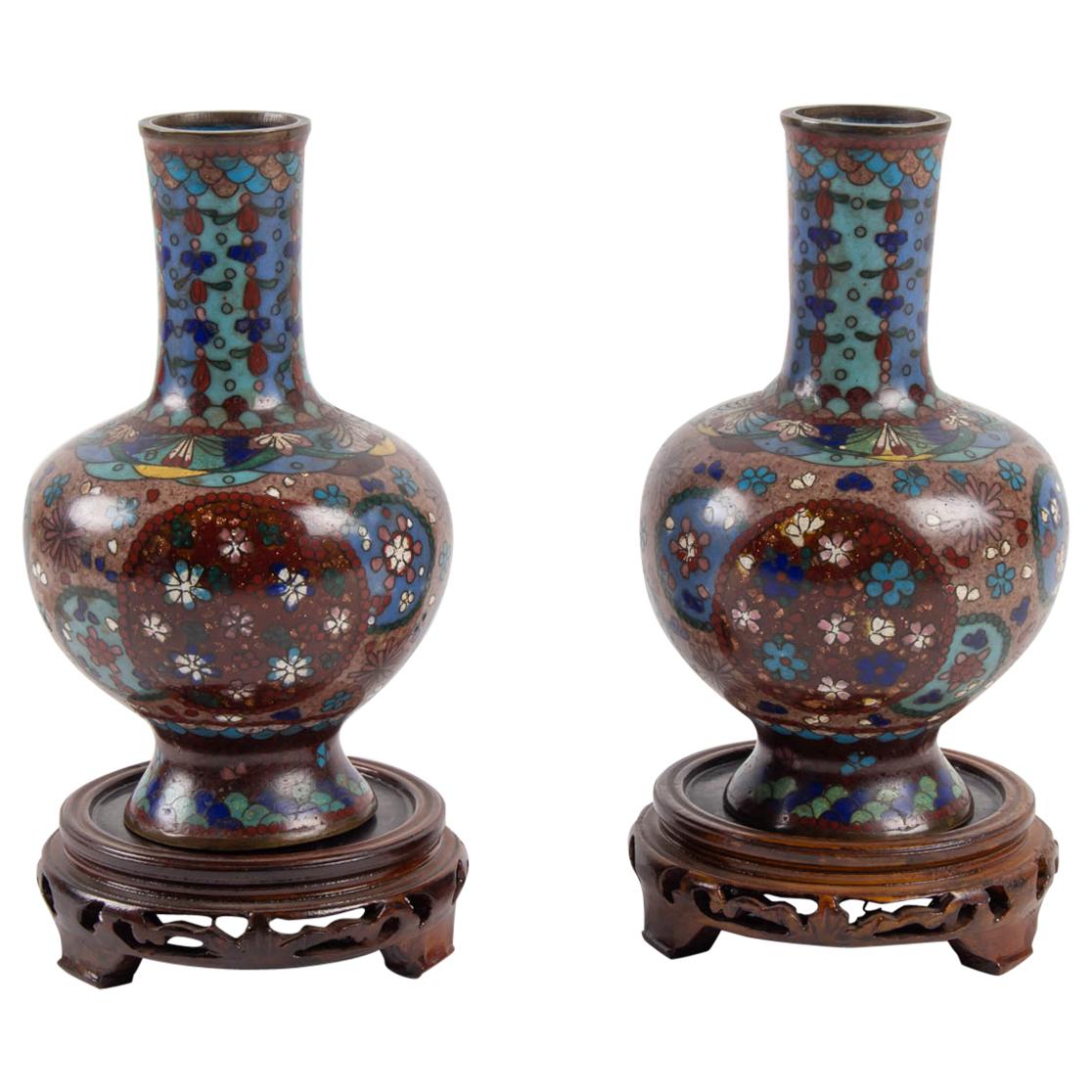 Pair of Cloisonné Bronze Vases, Japan, Circa 1900 For Sale