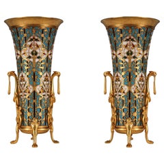 Pair of “Cloisonné” Enamel & Bronze Vases Signed Barbedienne, France, circa 1880