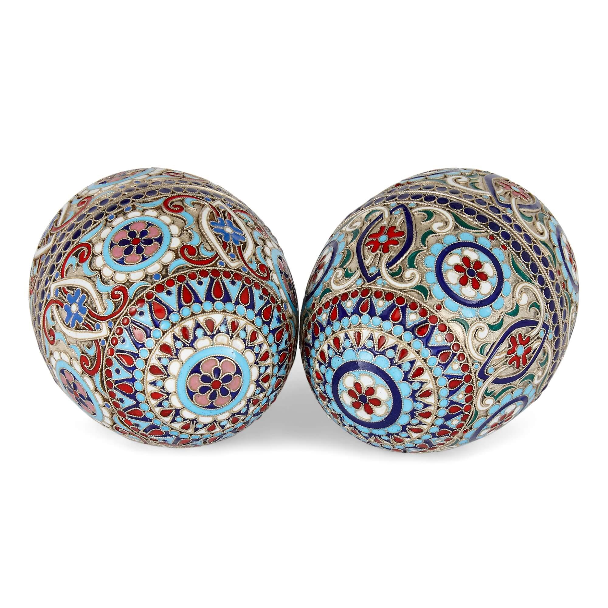 Russian Pair of Cloisonné Enamel Decorated and Silver Gilt Eggs  For Sale