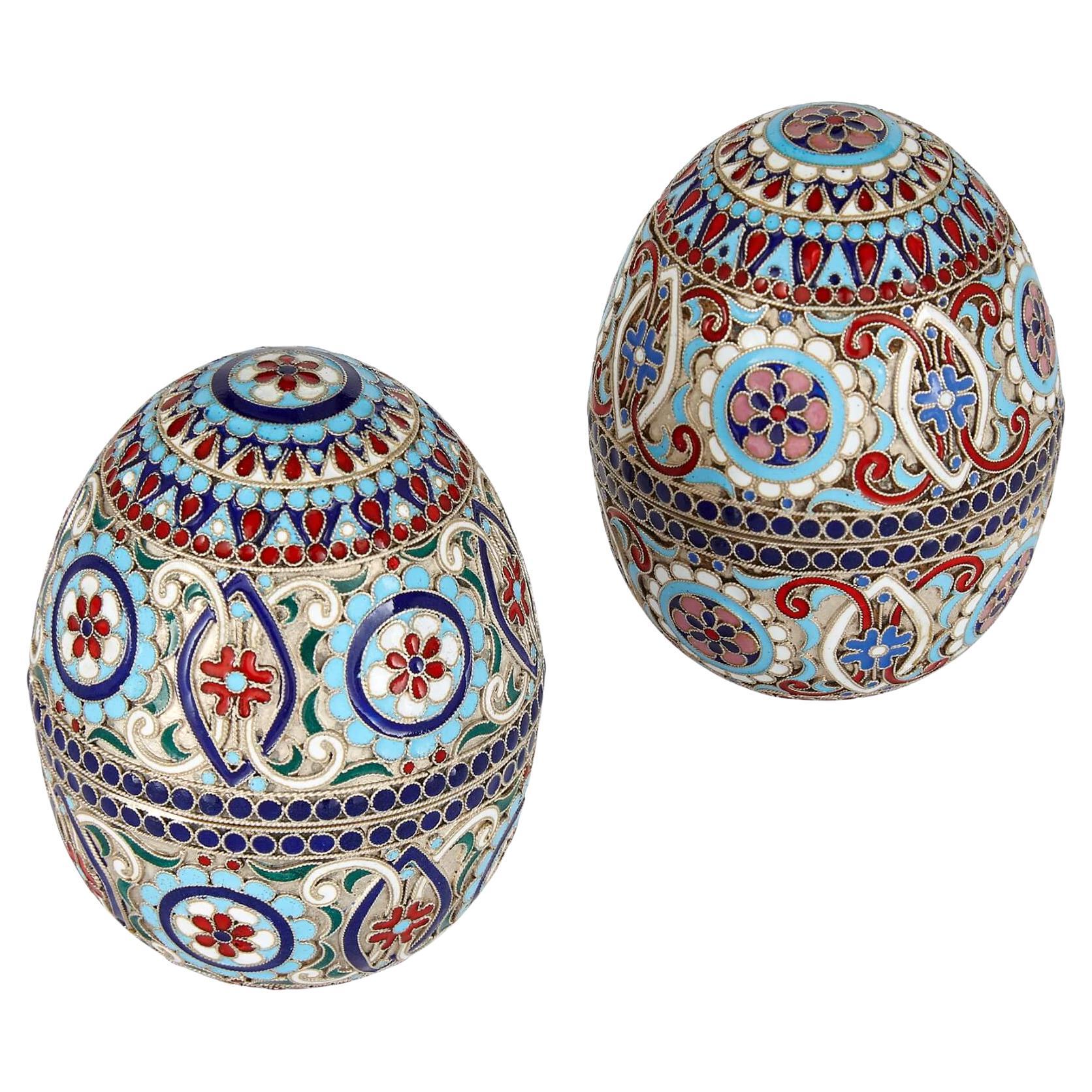 Pair of Cloisonné Enamel Decorated and Silver Gilt Eggs  For Sale