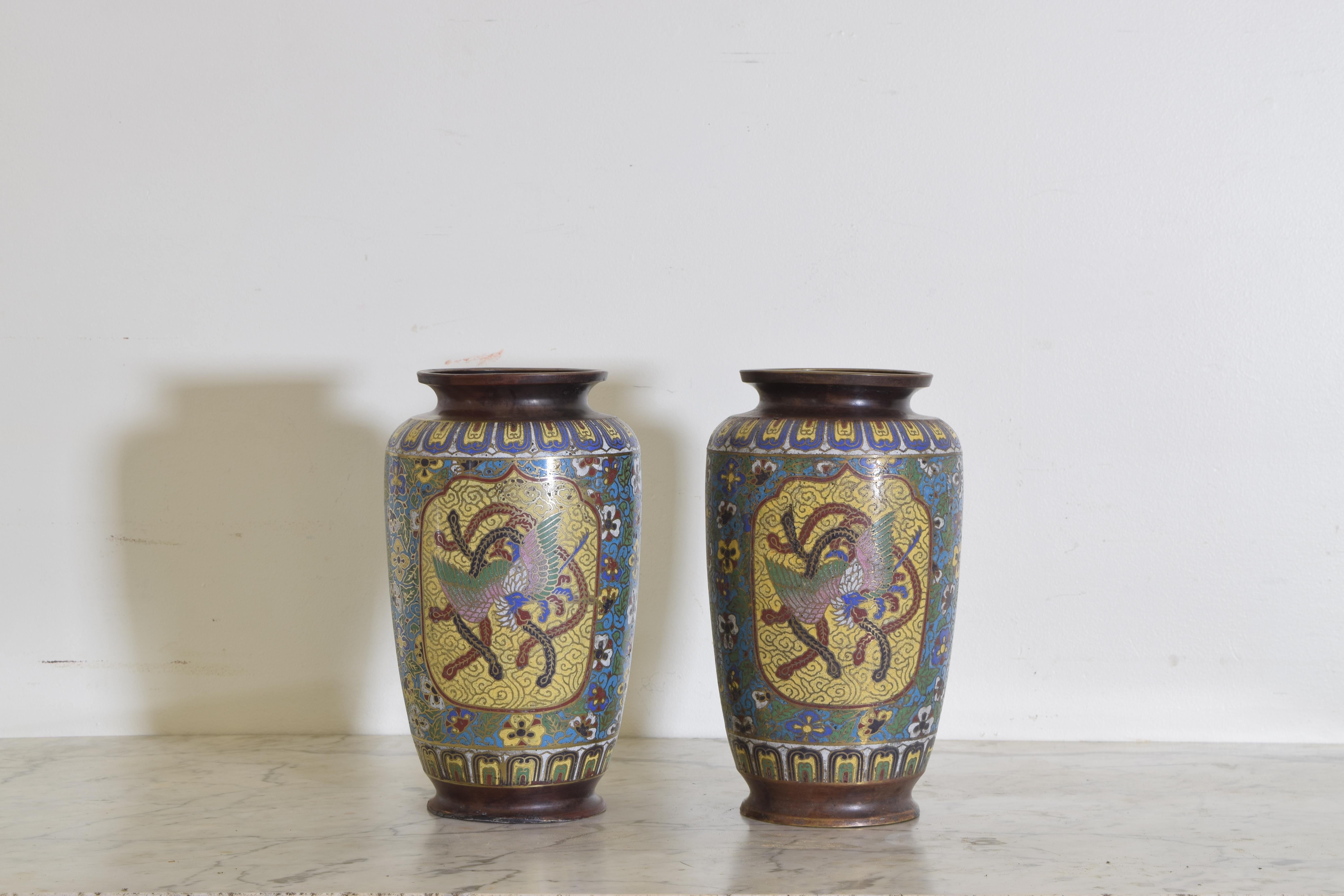 Bronze vases with applied enamel decoration outlined in brass, lotus leaves, foliate patterns, birds and serpents, each stamped on bottom, 19th century.