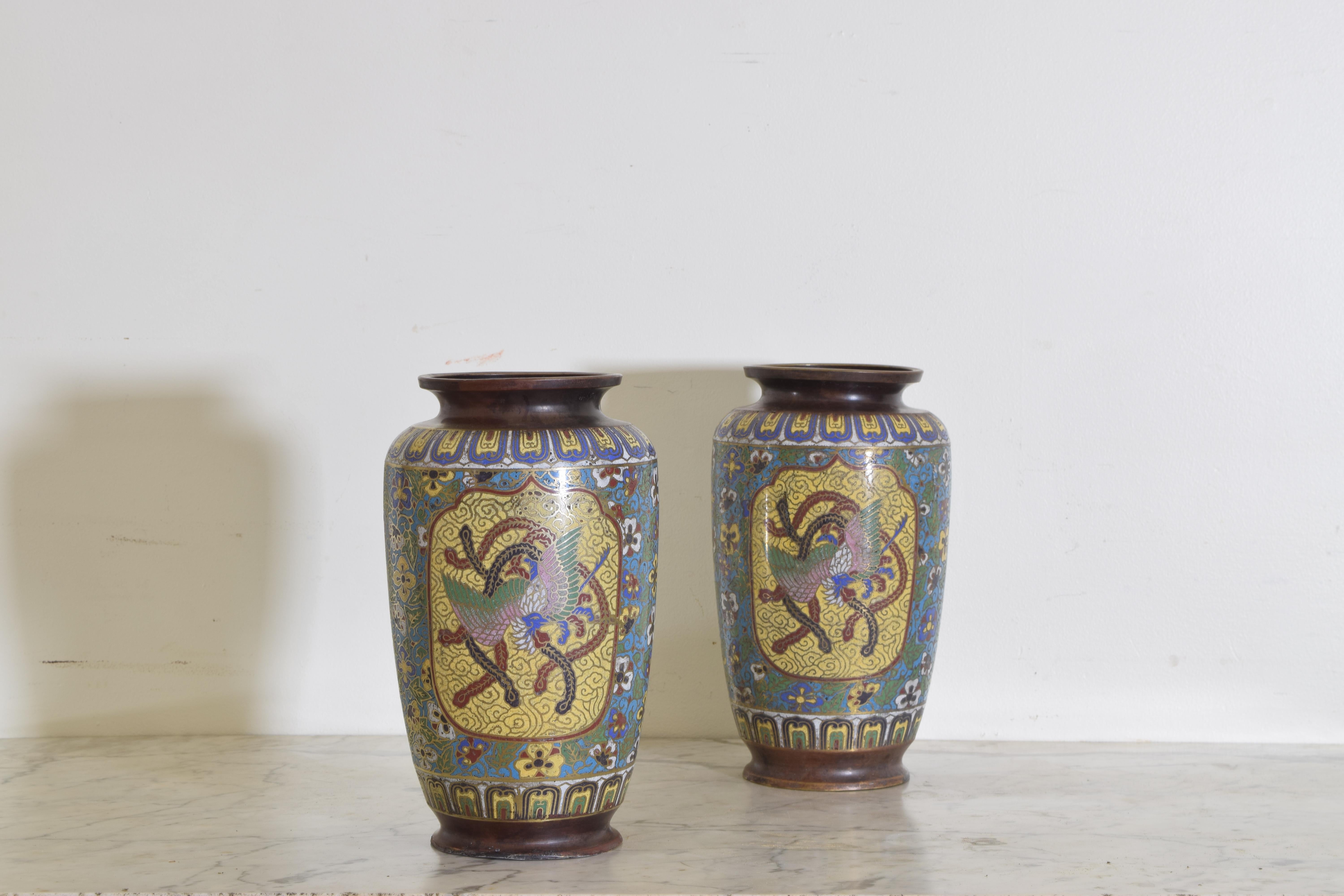 Japanese Pair of Cloisonné Multicolored Vases with Birds, Flowers, and Serpents