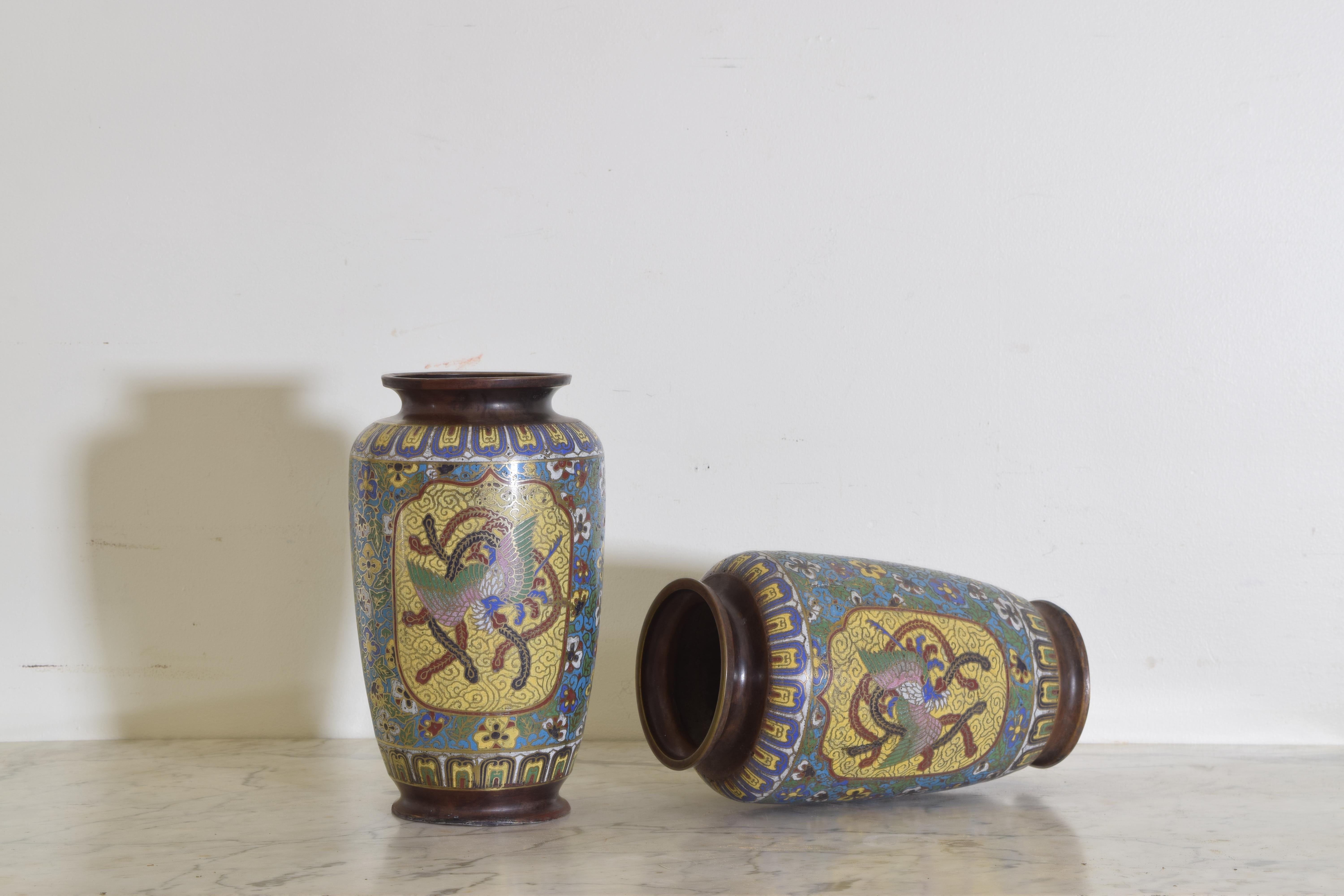 Pair of Cloisonné Multicolored Vases with Birds, Flowers, and Serpents In Good Condition In Atlanta, GA
