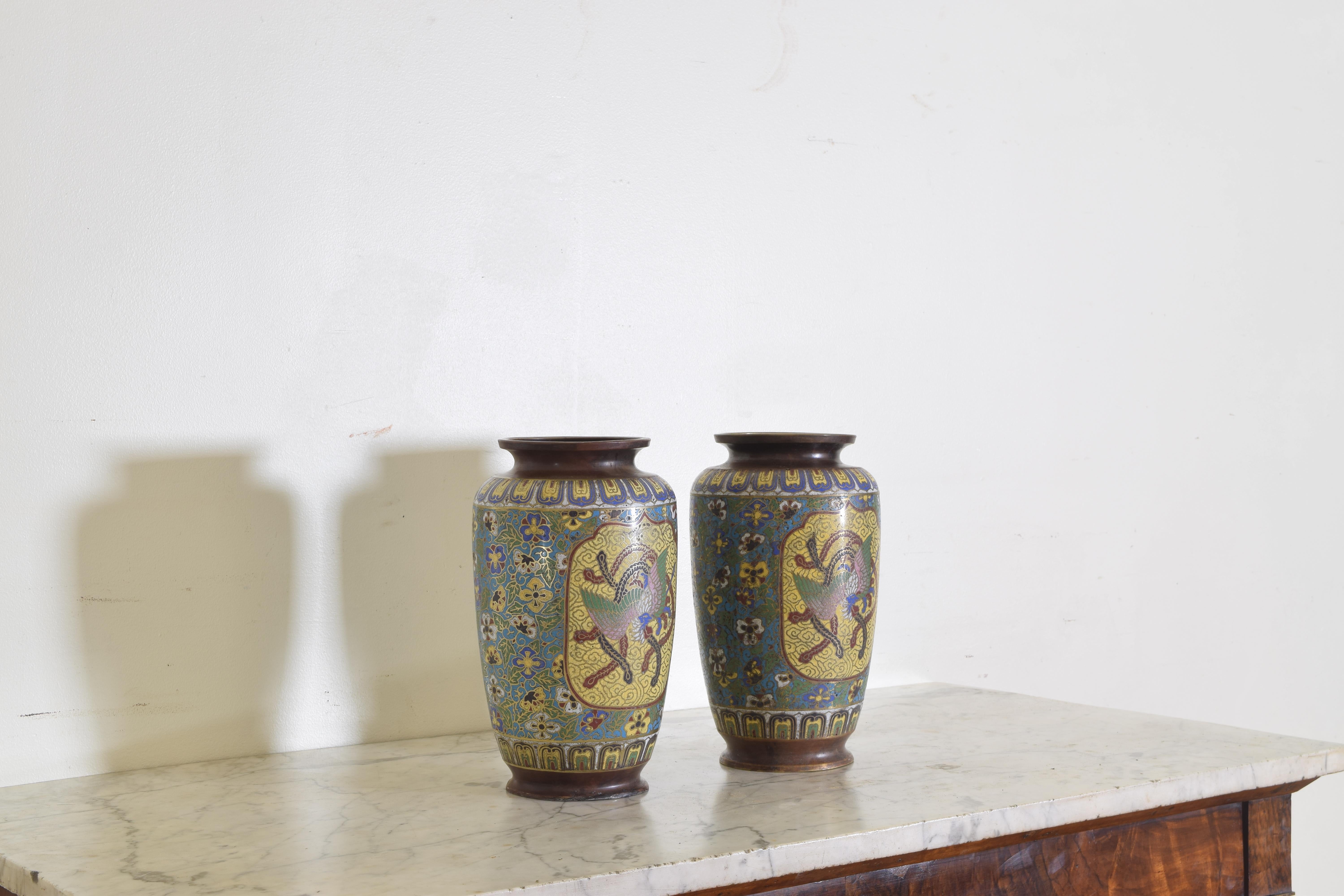 19th Century Pair of Cloisonné Multicolored Vases with Birds, Flowers, and Serpents