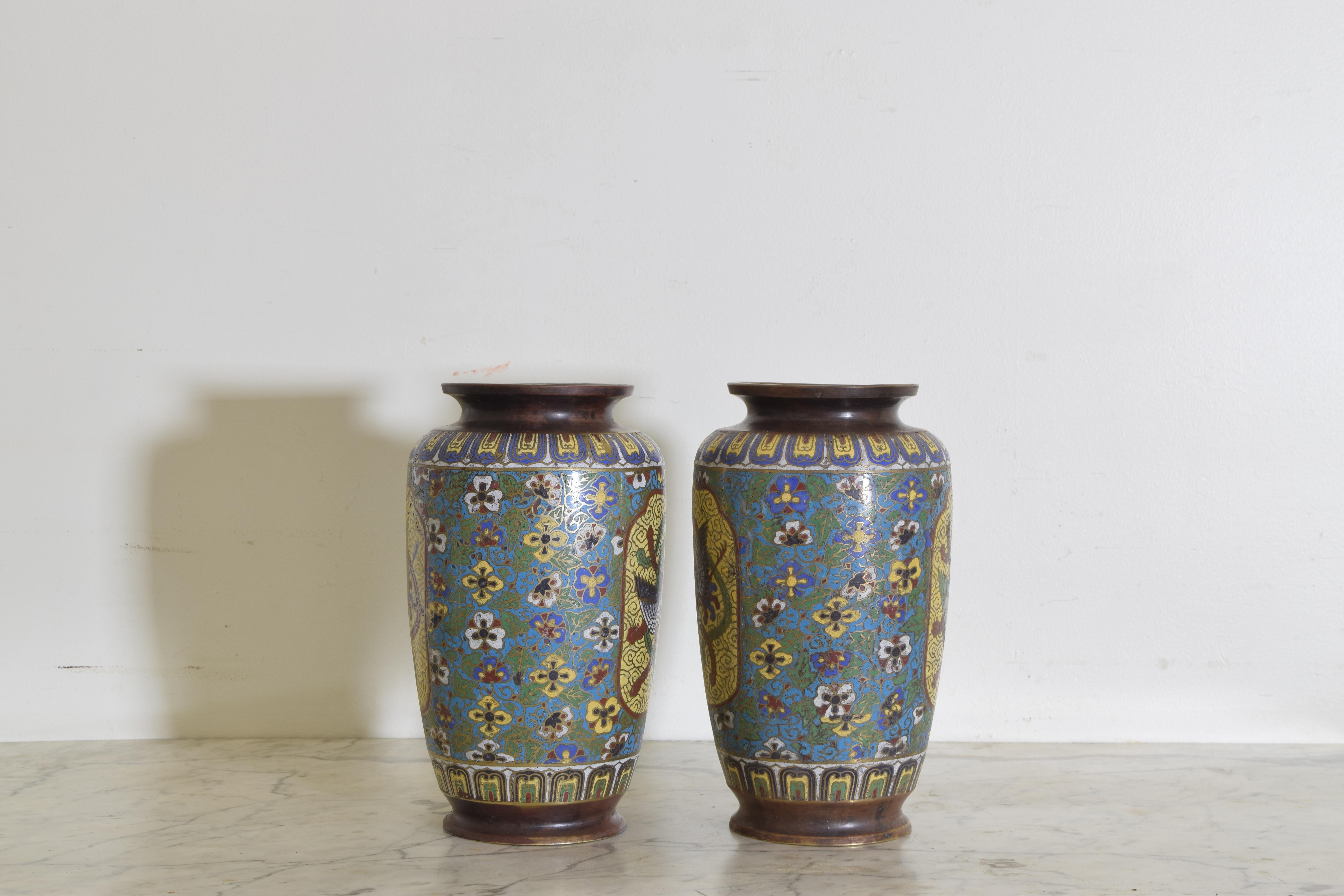 Bronze Pair of Cloisonné Multicolored Vases with Birds, Flowers, and Serpents