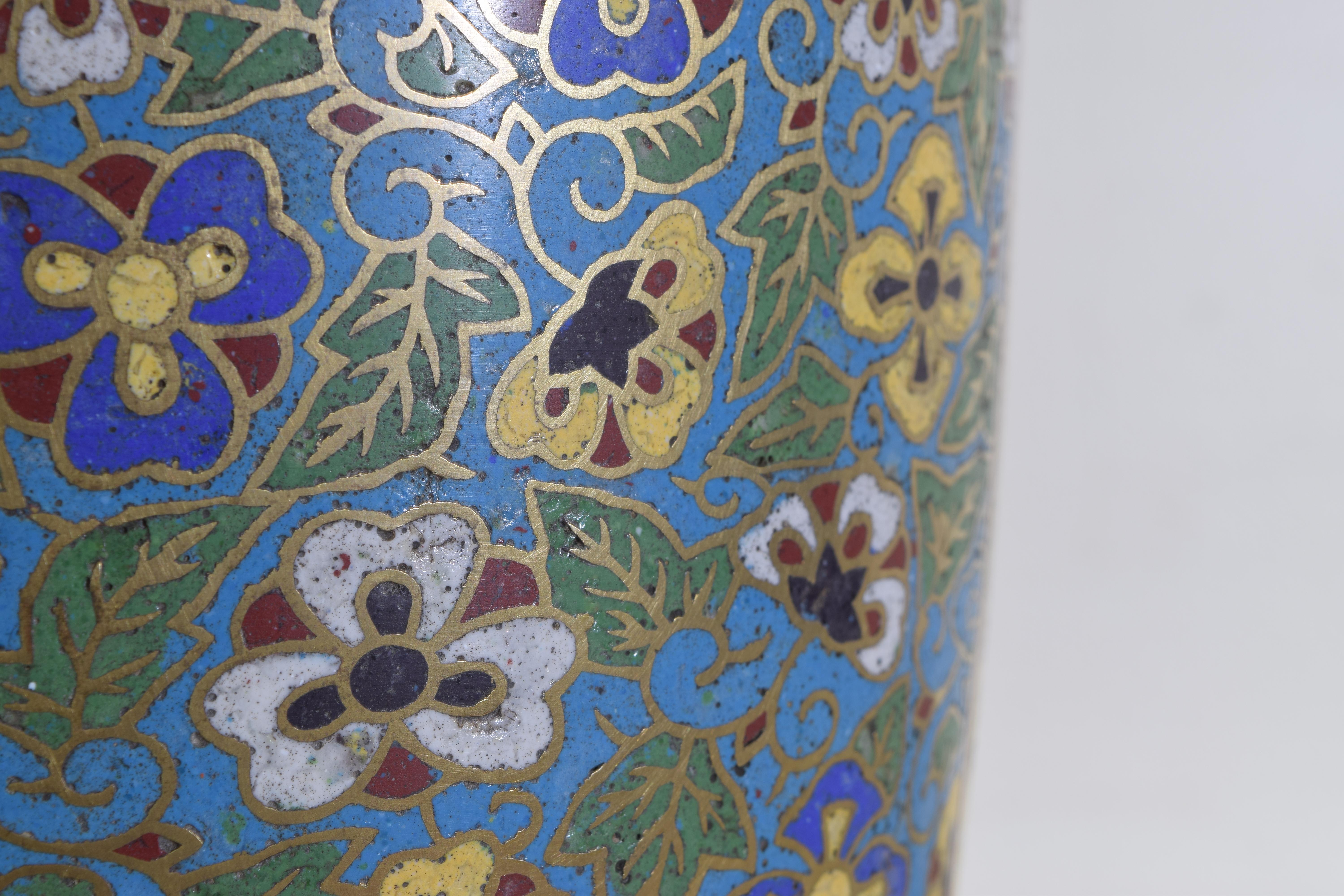 Pair of Cloisonné Multicolored Vases with Birds, Flowers, and Serpents 2