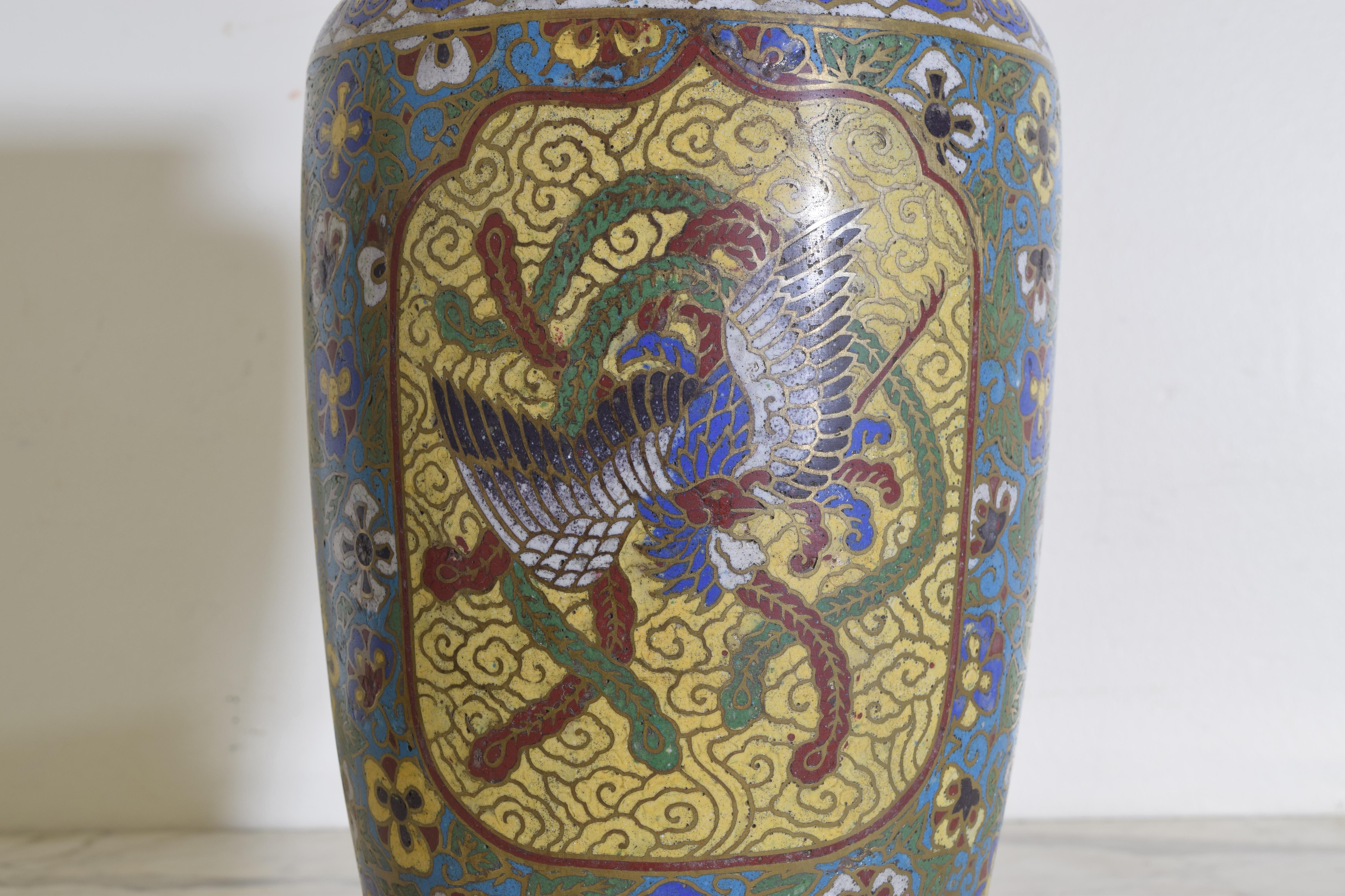 Pair of Cloisonné Multicolored Vases with Birds, Flowers, and Serpents 3