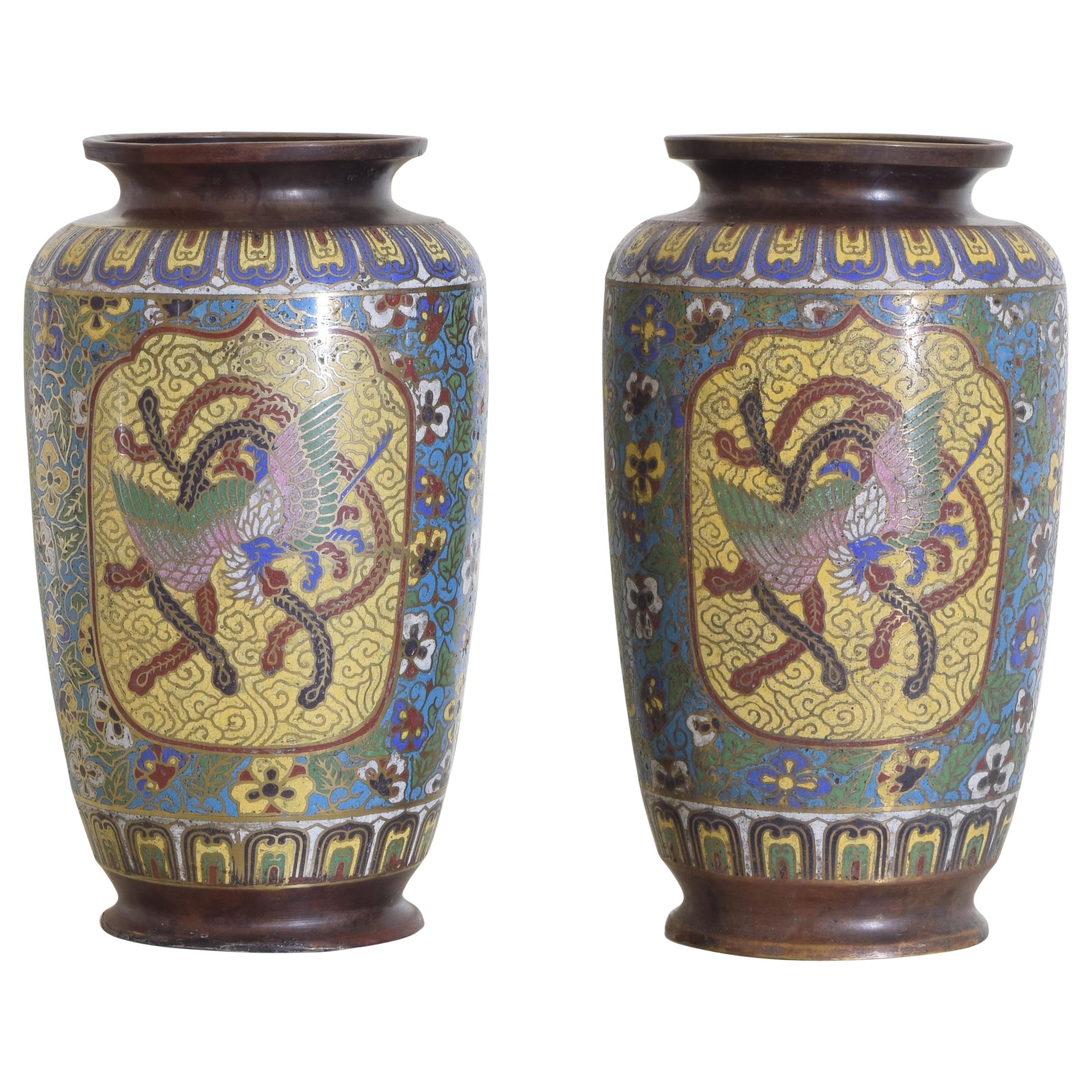 Pair of Cloisonné Multicolored Vases with Birds, Flowers, and Serpents
