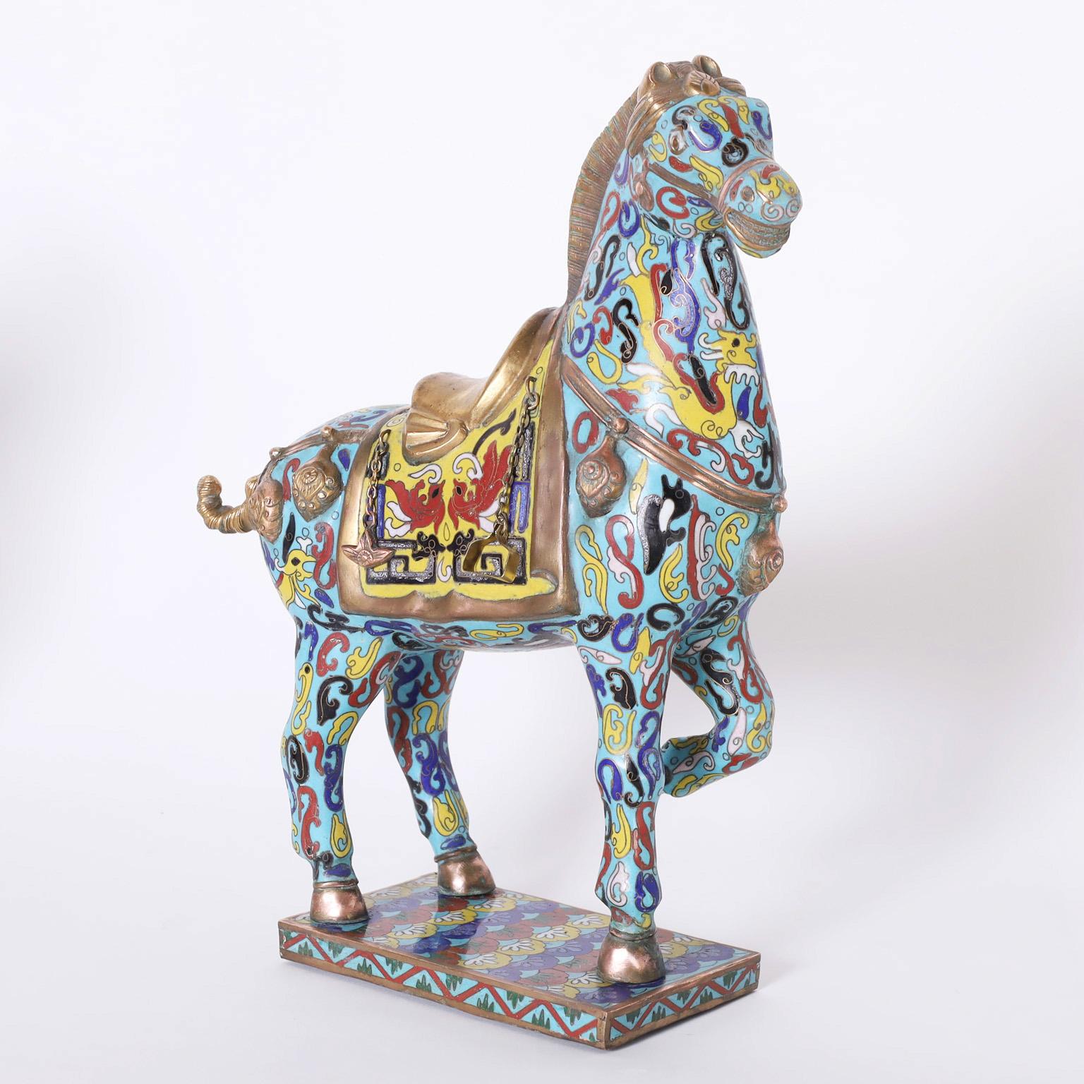 Chinese Export Pair of Cloisonné Tang Style Horses For Sale